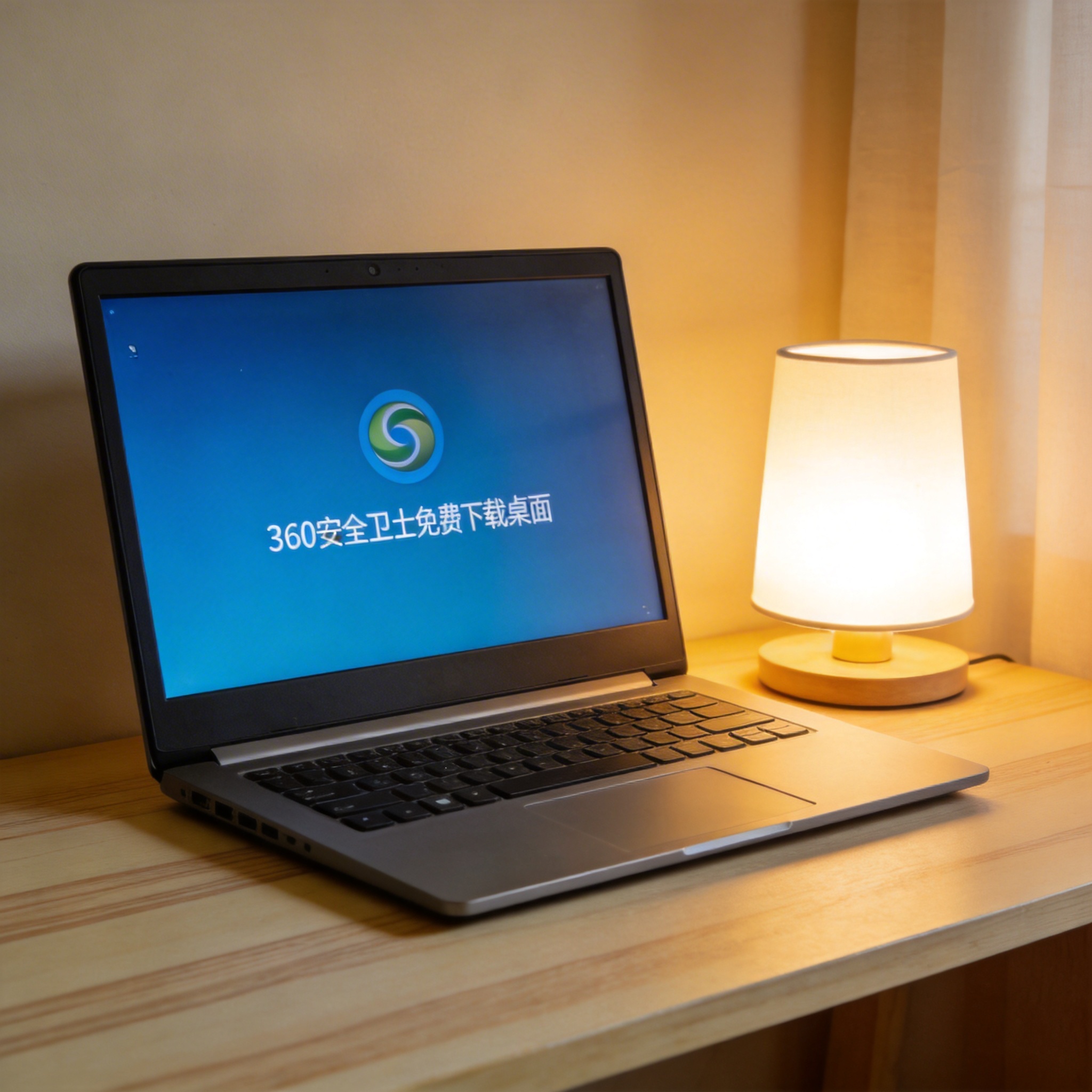 电脑桌上的电脑，屏幕显示360 安全卫士免费下载桌面，旁边放着台灯