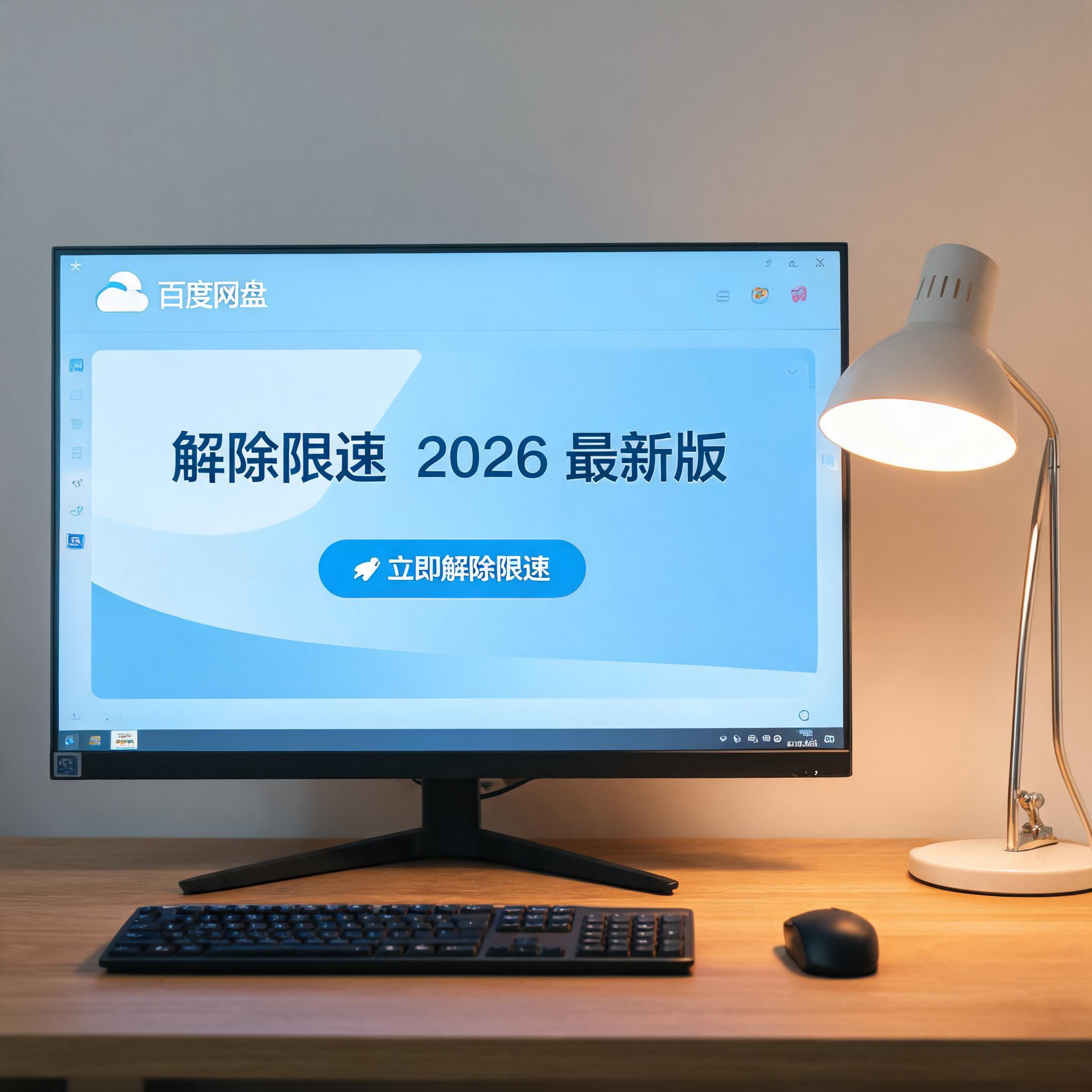 电脑桌上的电脑，屏幕显示百度网盘解除限速 2026 最新界面，旁边放着台灯