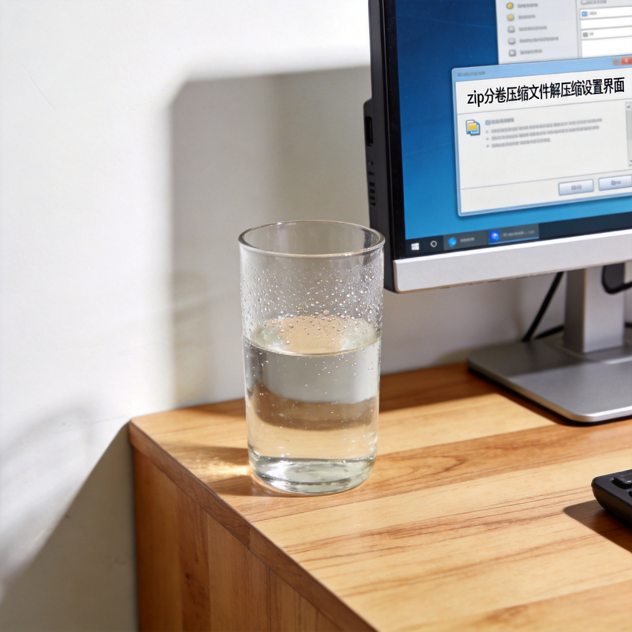 书桌上的主机，屏幕显示zip 分卷压缩文件解压缩设置界面，桌角放着水杯，自然光
