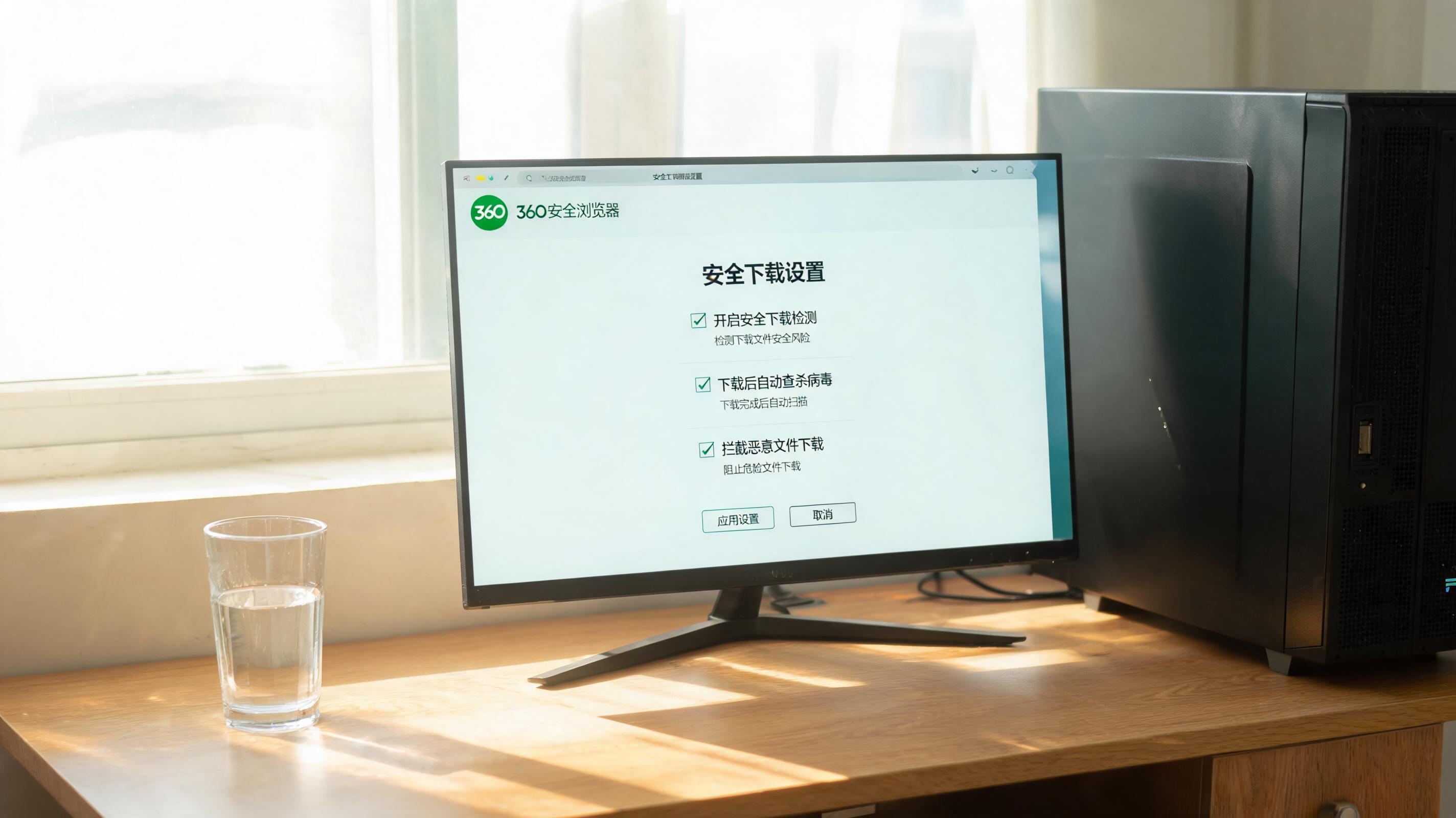 书桌上的主机，屏幕显示360 安全浏览器安全下载设置界面，桌角放着水杯，自然光