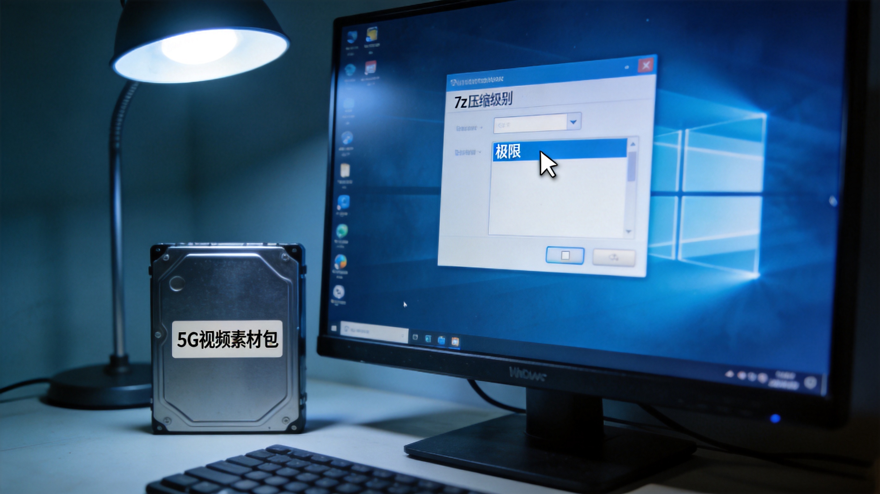 桌面的Windows系统电脑，屏幕显示7z压缩级别设置界面，光标在“极限”选项上，旁边放着存有5G视频素材包的硬盘，台灯冷光