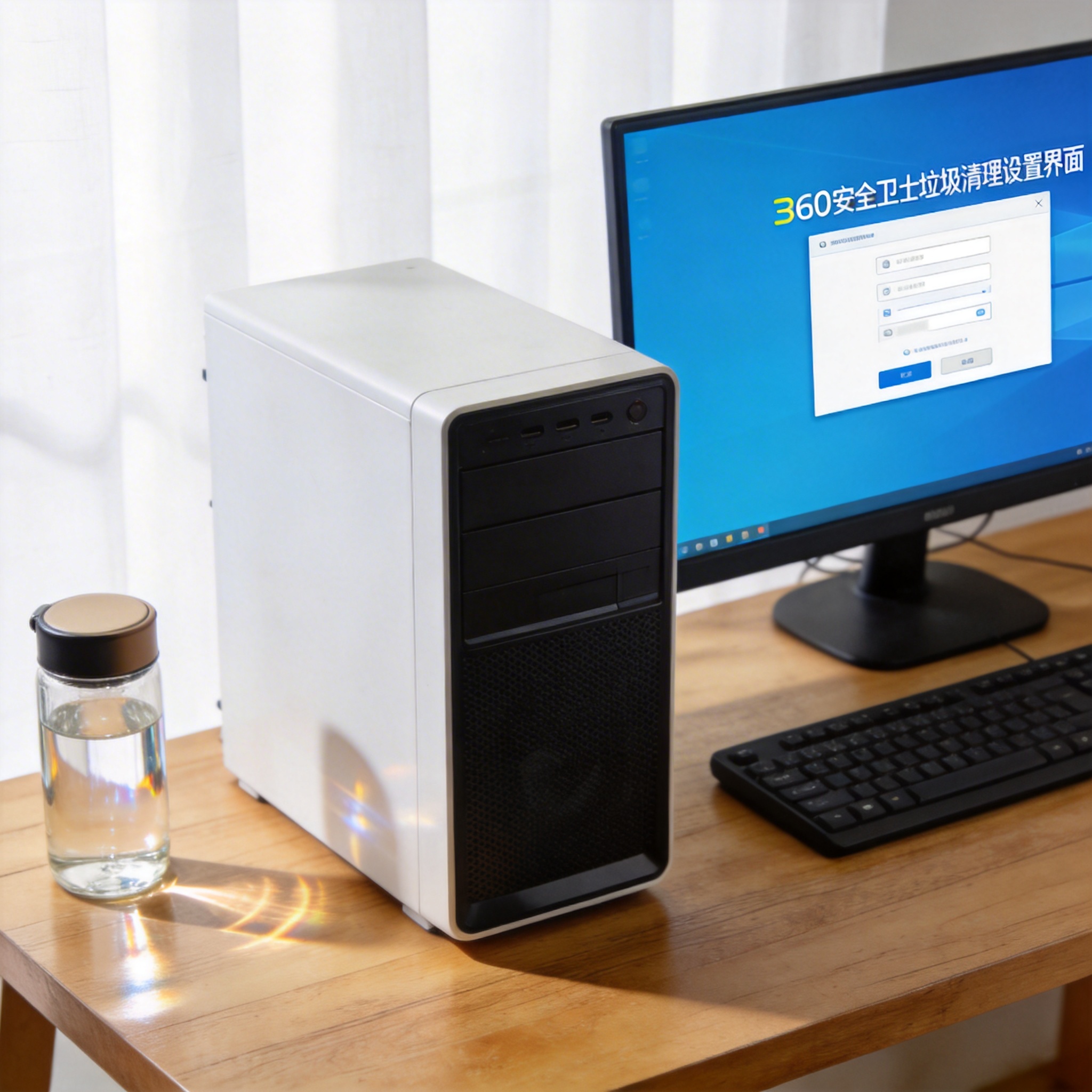 书桌上的主机，屏幕显示360 安全卫士垃圾清理设置界面，桌角放着水杯，自然光