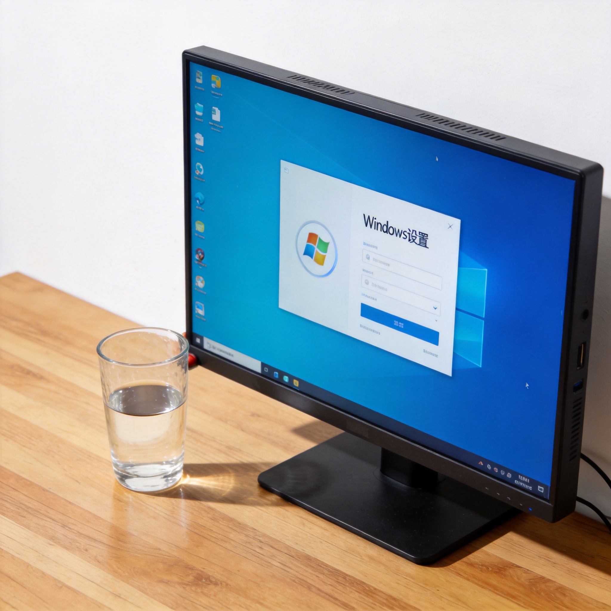 书桌上的主机，屏幕显示Windows设置界面，桌角放着水杯，自然光
