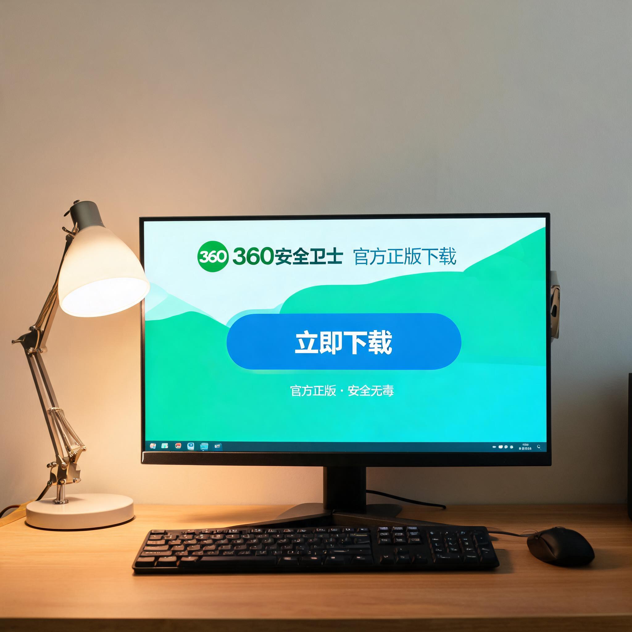 电脑桌上的电脑，屏幕显示360 安全卫士官方正版下载界面，旁边放着台灯