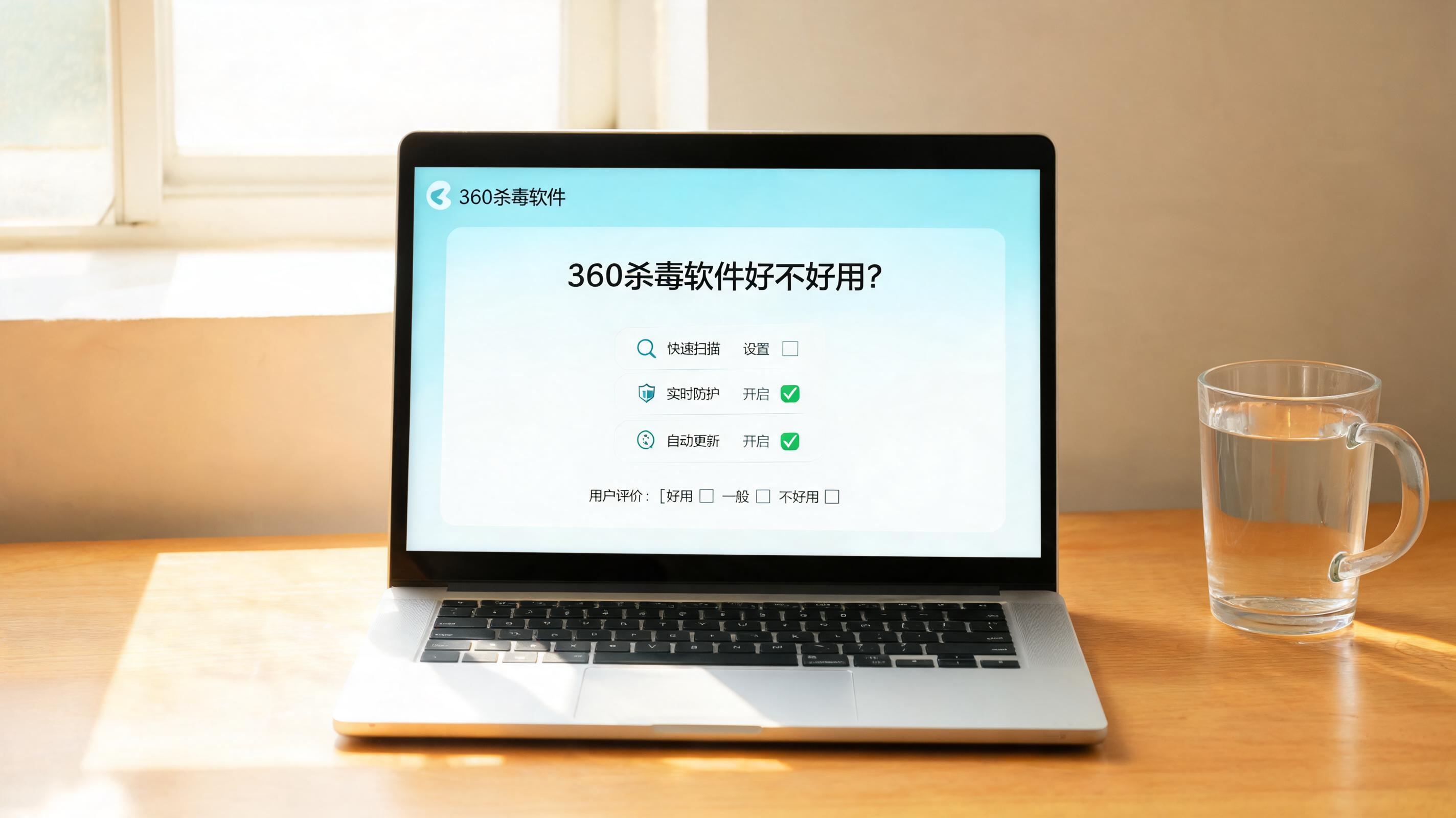 书桌上的笔记本，屏幕显示360 杀毒软件好不好用设置界面，桌角放着水杯，自然光