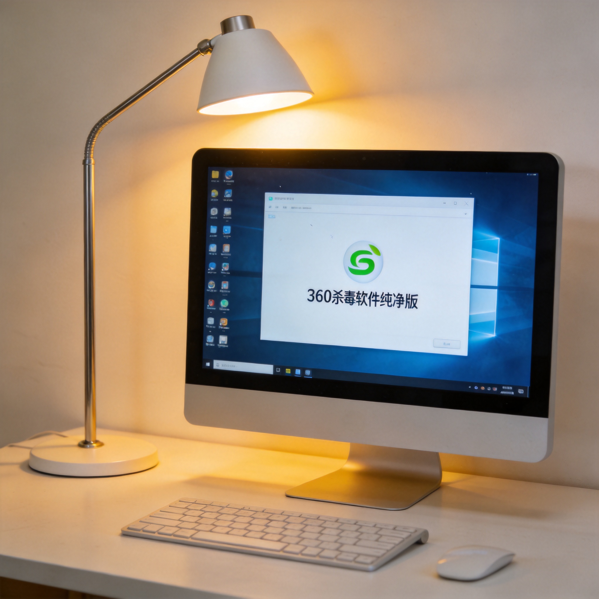 电脑桌上的电脑，屏幕显示360 杀毒软件纯净版桌面，旁边放着台灯