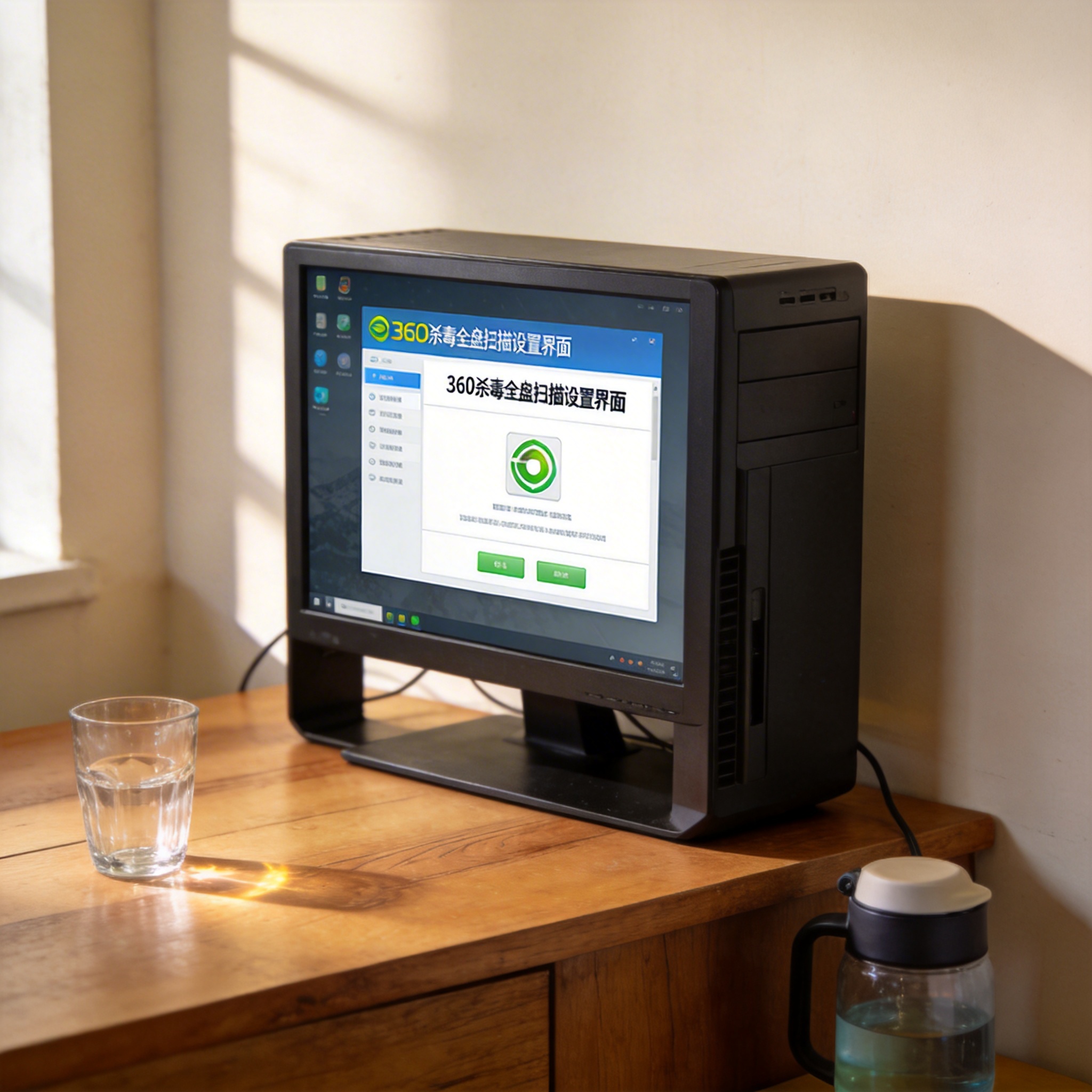 书桌上的主机，屏幕显示360 杀毒全盘扫描设置界面，桌角放着水杯，自然光