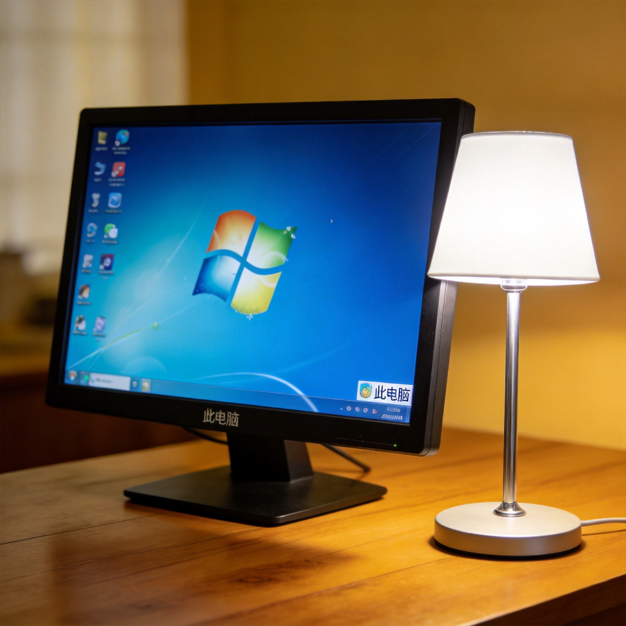 电脑桌上的电脑，屏幕显示Windows界面，旁边放着台灯