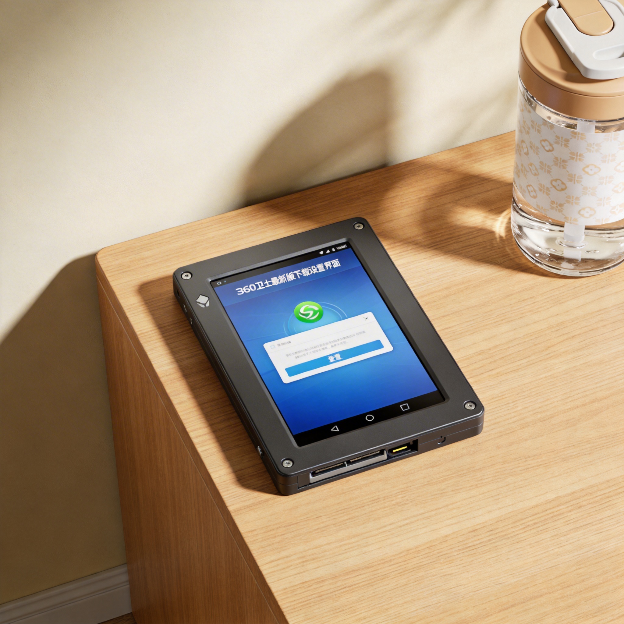 书桌上的硬盘，屏幕显示360 卫士最新版下载设置界面，桌角放着水杯，自然光