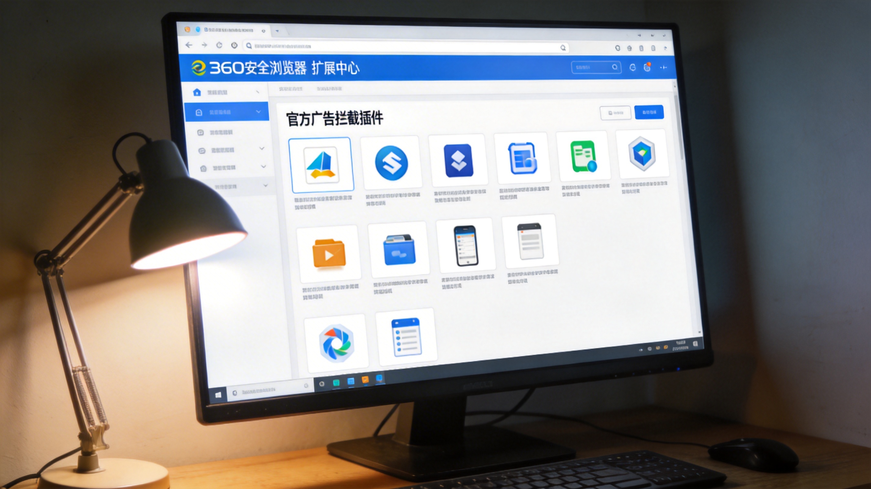 电脑桌面显示360安全浏览器的扩展中心界面，页面里有官方广告拦截插件，桌面角落摆着台灯，屏幕光照亮桌面