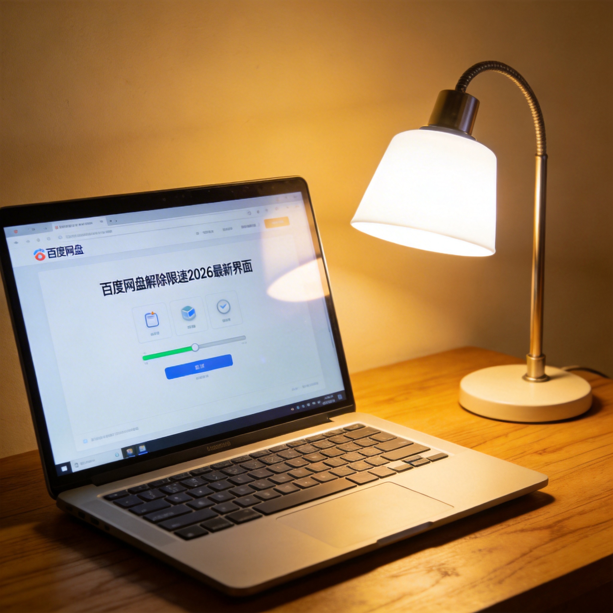 电脑桌上的电脑，屏幕显示百度网盘解除限速 2026 最新界面，旁边放着台灯