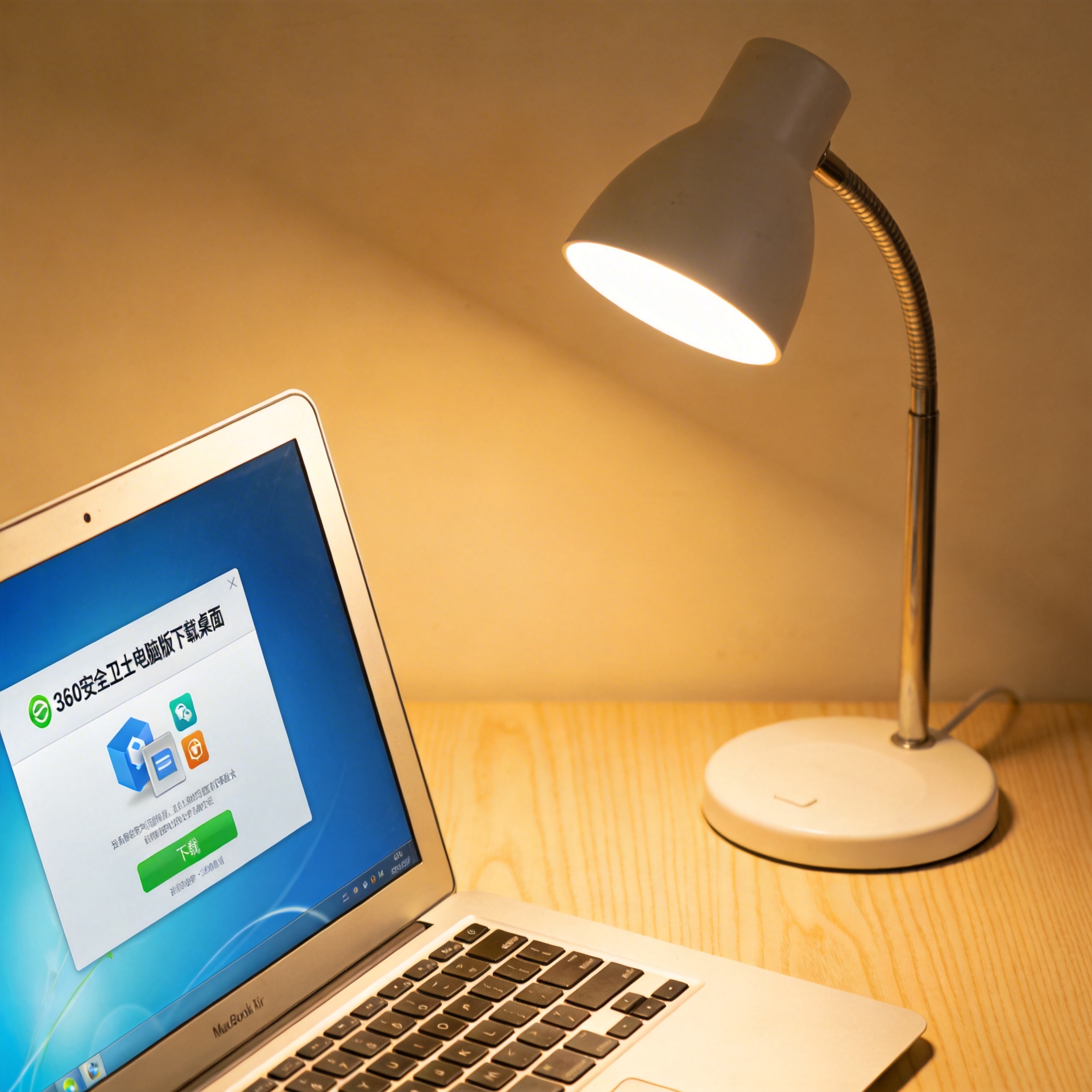 电脑桌上的电脑，屏幕显示360 安全卫士电脑版下载桌面，旁边放着台灯
