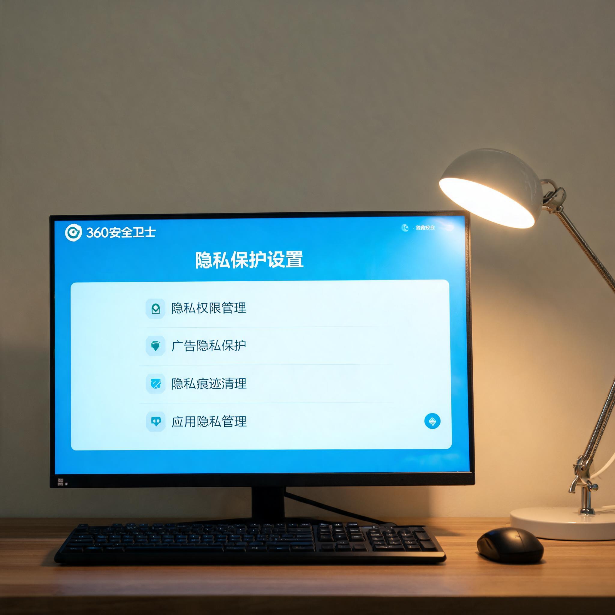 电脑桌上的电脑，屏幕显示360 安全卫士隐私保护设置界面，旁边放着台灯