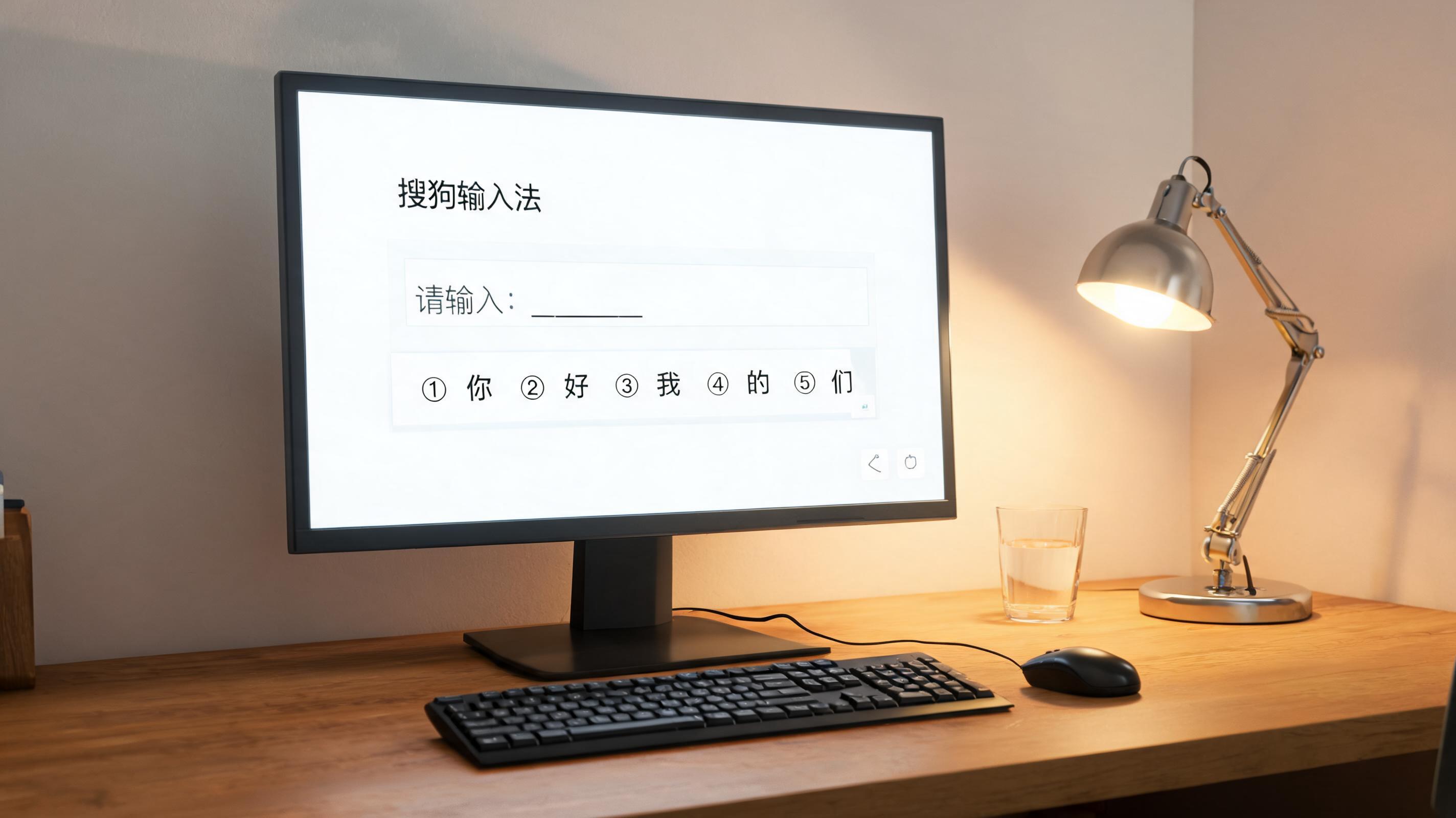电脑桌上的电脑，屏幕显示输入法界面，旁边放着台灯