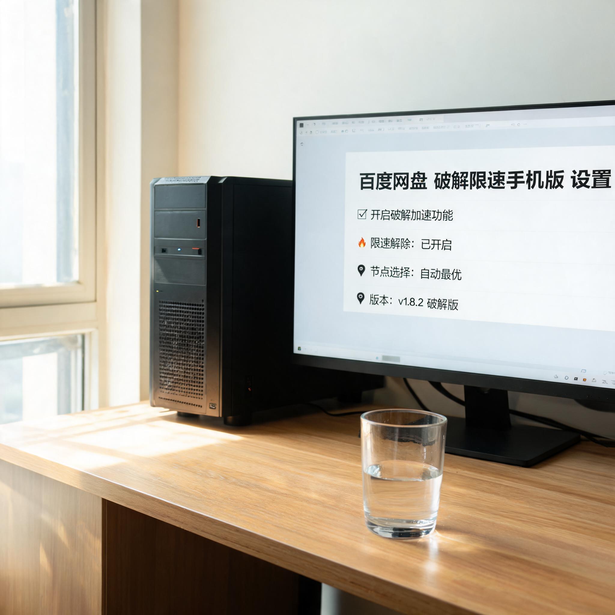 书桌上的主机，屏幕显示百度网盘破解限速手机版设置界面，桌角放着水杯，自然光