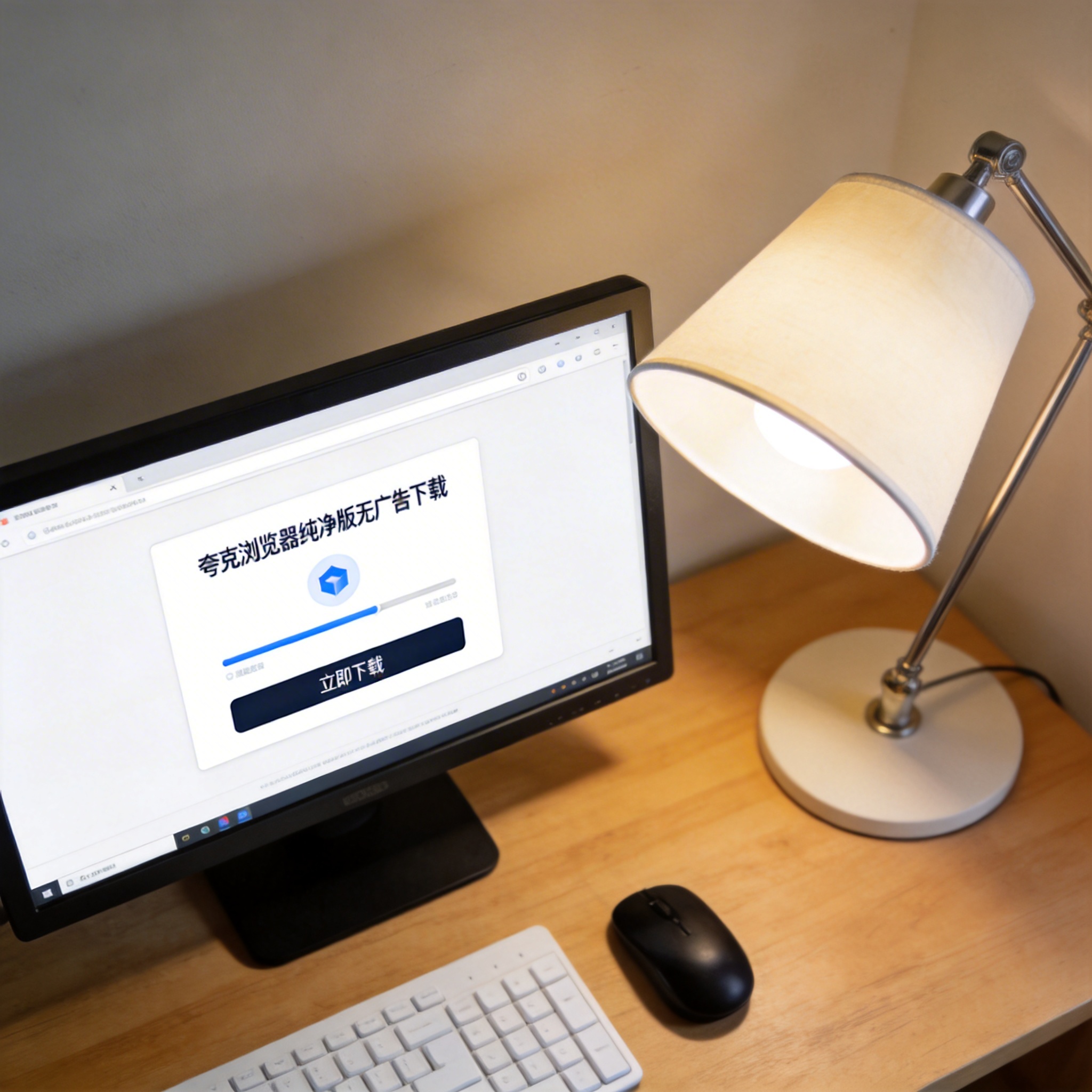 电脑桌上的电脑，屏幕显示夸克浏览器纯净版无广告下载界面，旁边放着台灯