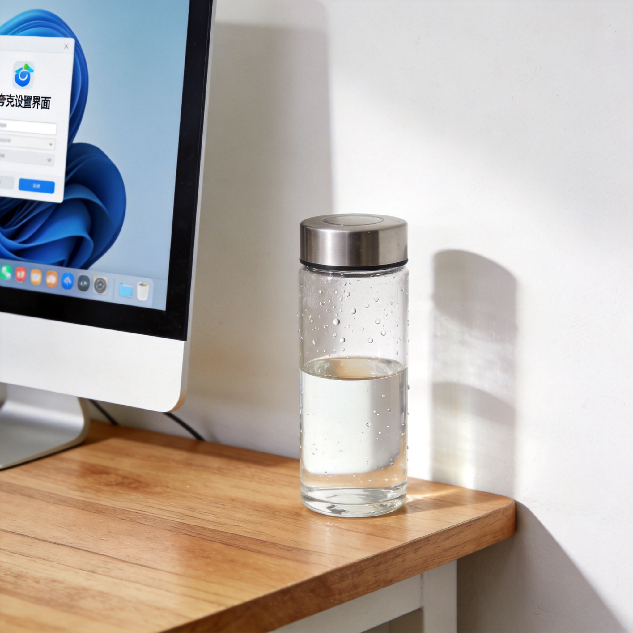 书桌上的主机，屏幕显示夸克设置界面，桌角放着水杯，自然光