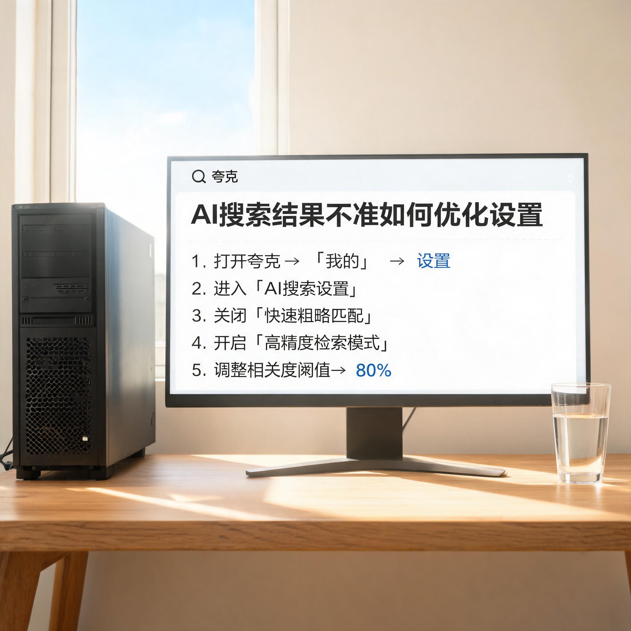 书桌上的主机，屏幕显示夸克浏览器 AI 搜索结果不准如何优化设置界面，桌角放着水杯，自然光