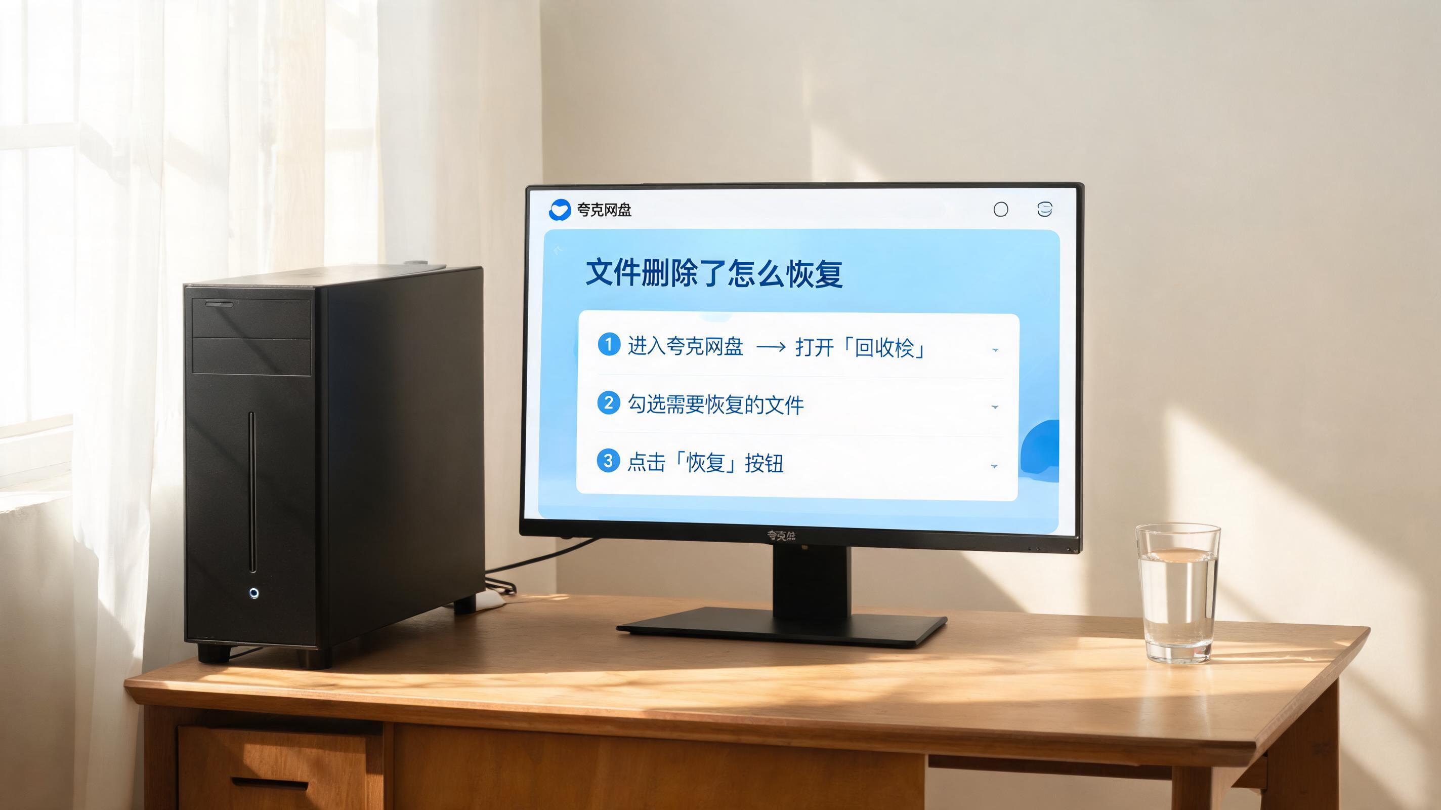 书桌上的主机，屏幕显示夸克网盘文件删除了怎么恢复设置界面，桌角放着水杯，自然光