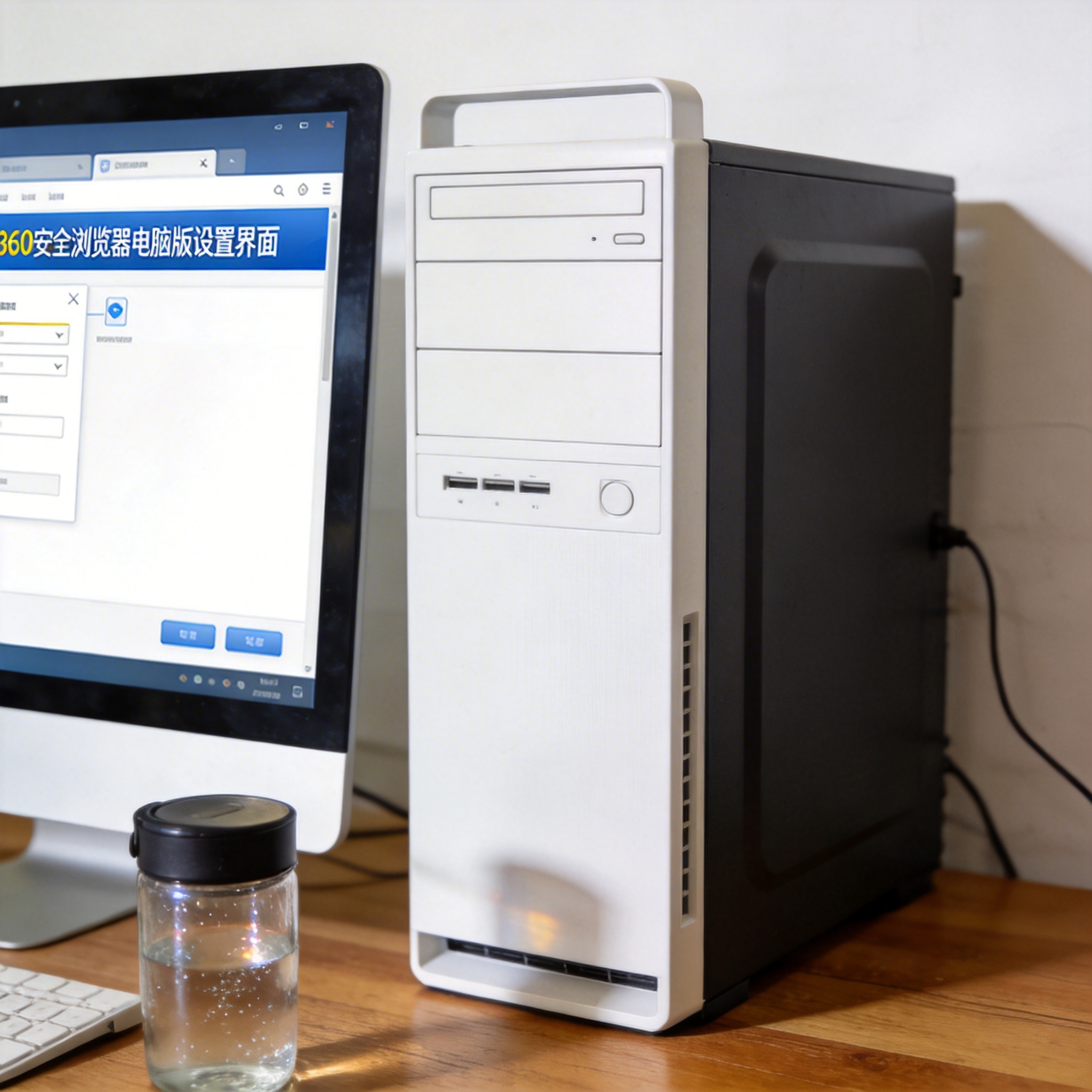 书桌上的主机，屏幕显示360 安全浏览器电脑版设置界面，桌角放着水杯，自然光