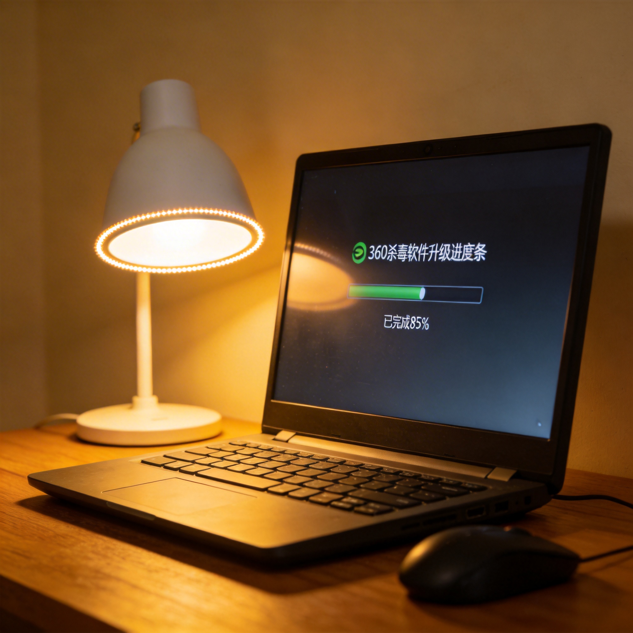 电脑桌上的电脑，屏幕显示360 杀毒软件如何升级进度条，旁边放着台灯