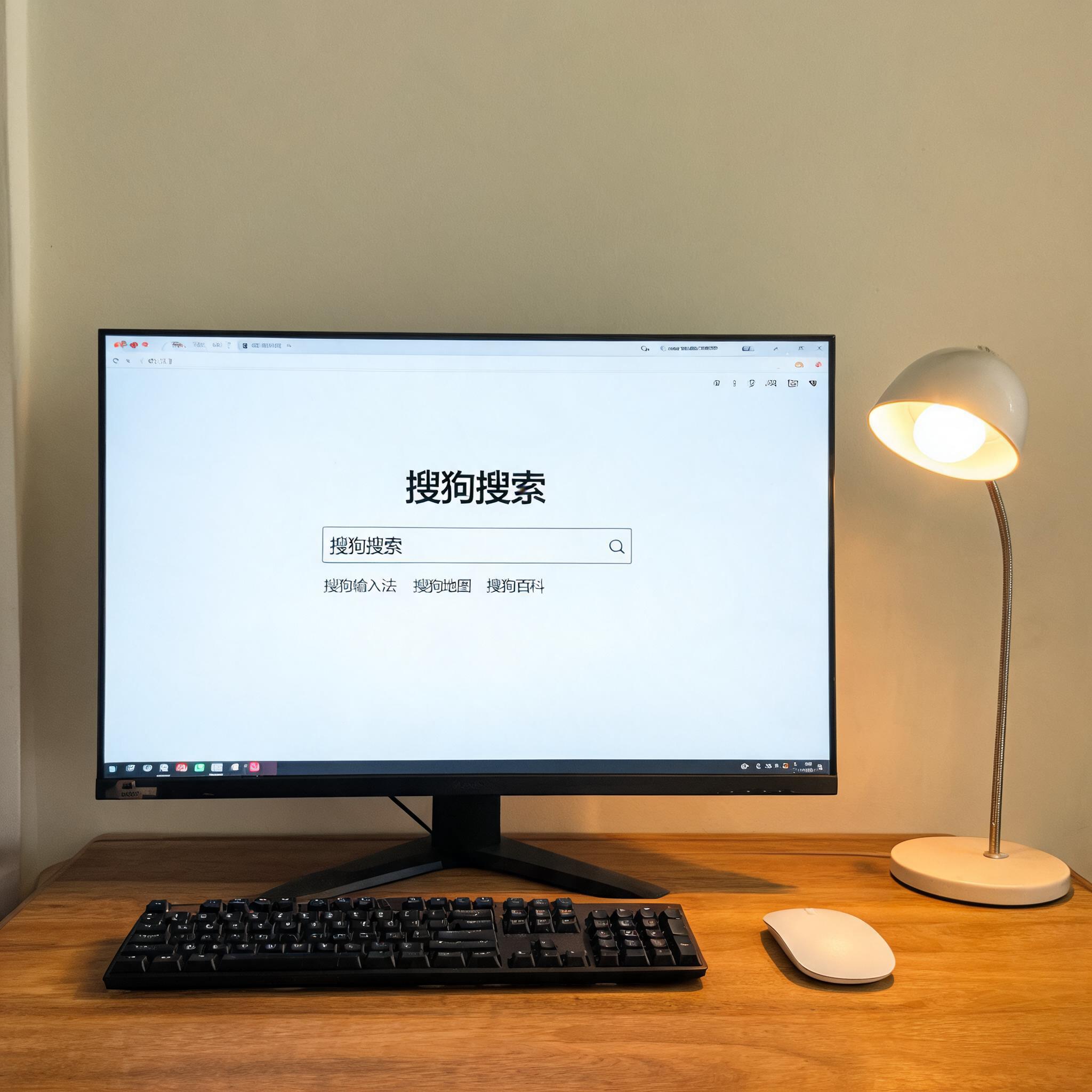电脑桌上的电脑，屏幕显示搜狗界面，旁边放着台灯