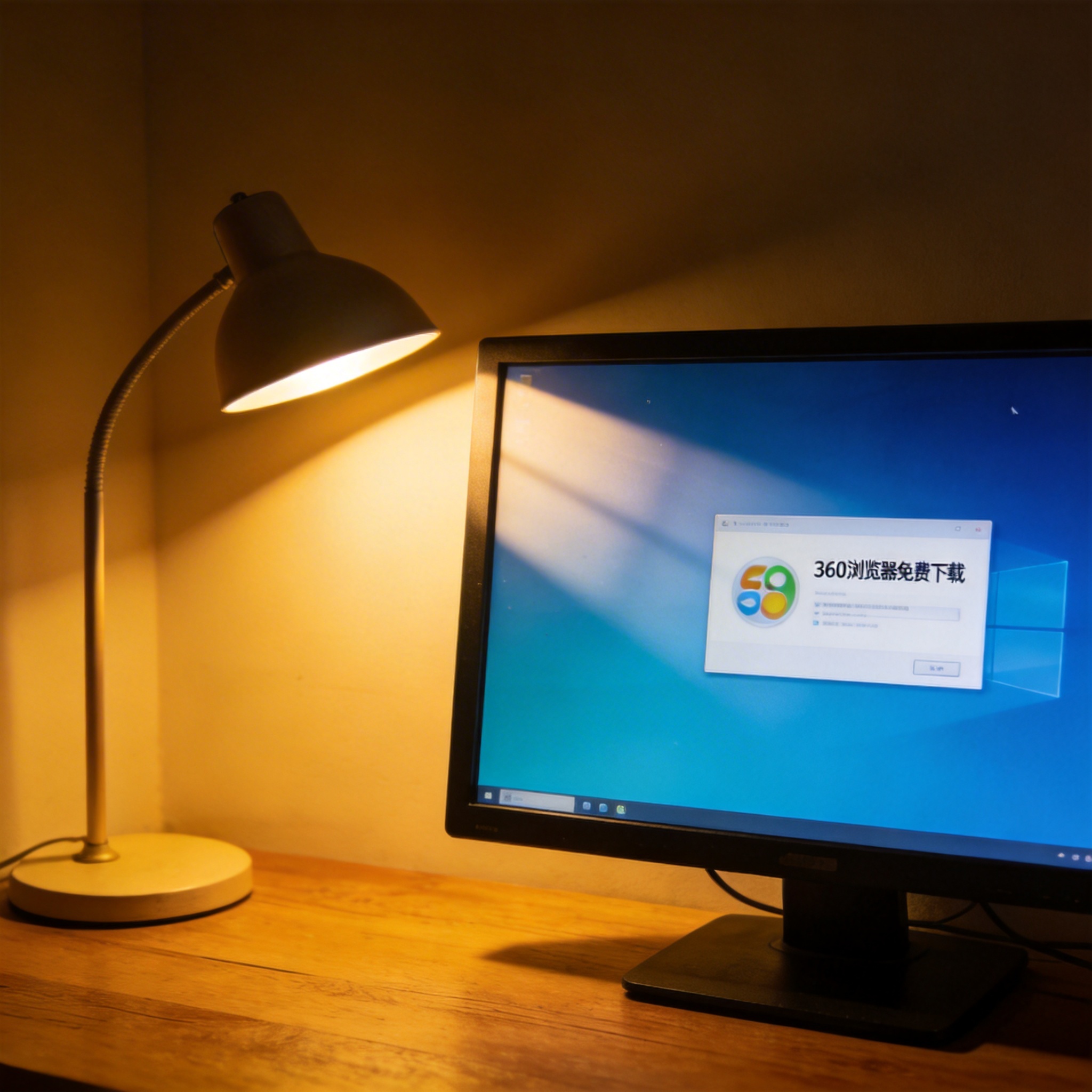 电脑桌上的电脑，屏幕显示360 浏览器免费下载窗口，旁边放着台灯