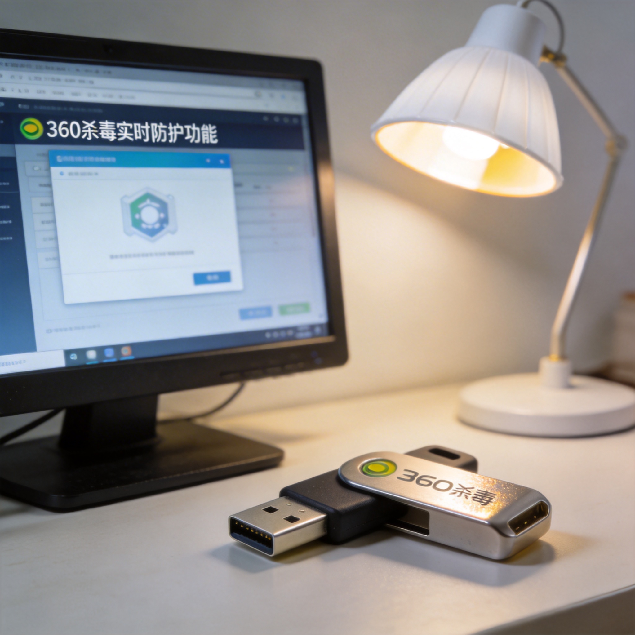 电脑桌上的U盘，屏幕显示360 杀毒实时防护功能桌面，旁边放着台灯