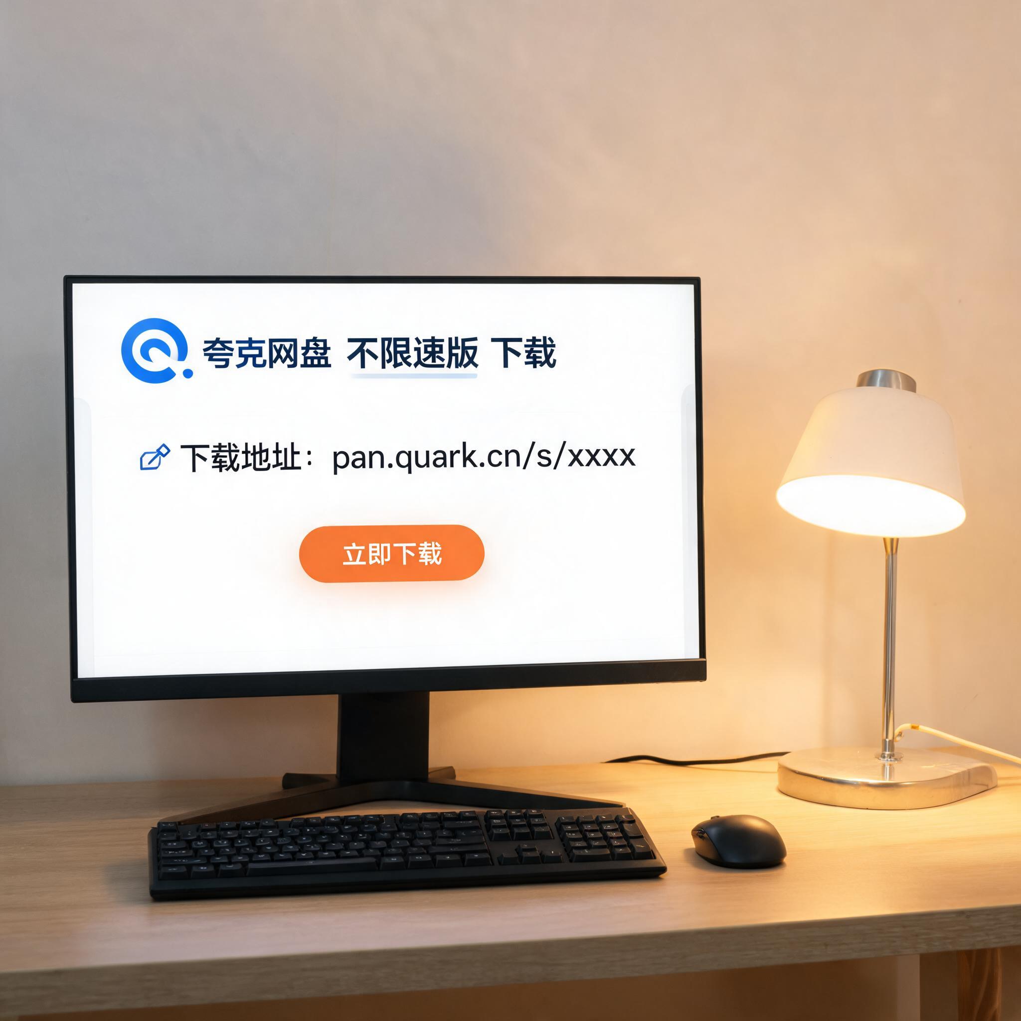 电脑桌上的电脑，屏幕显示夸克网盘不限速版下载界面，旁边放着台灯