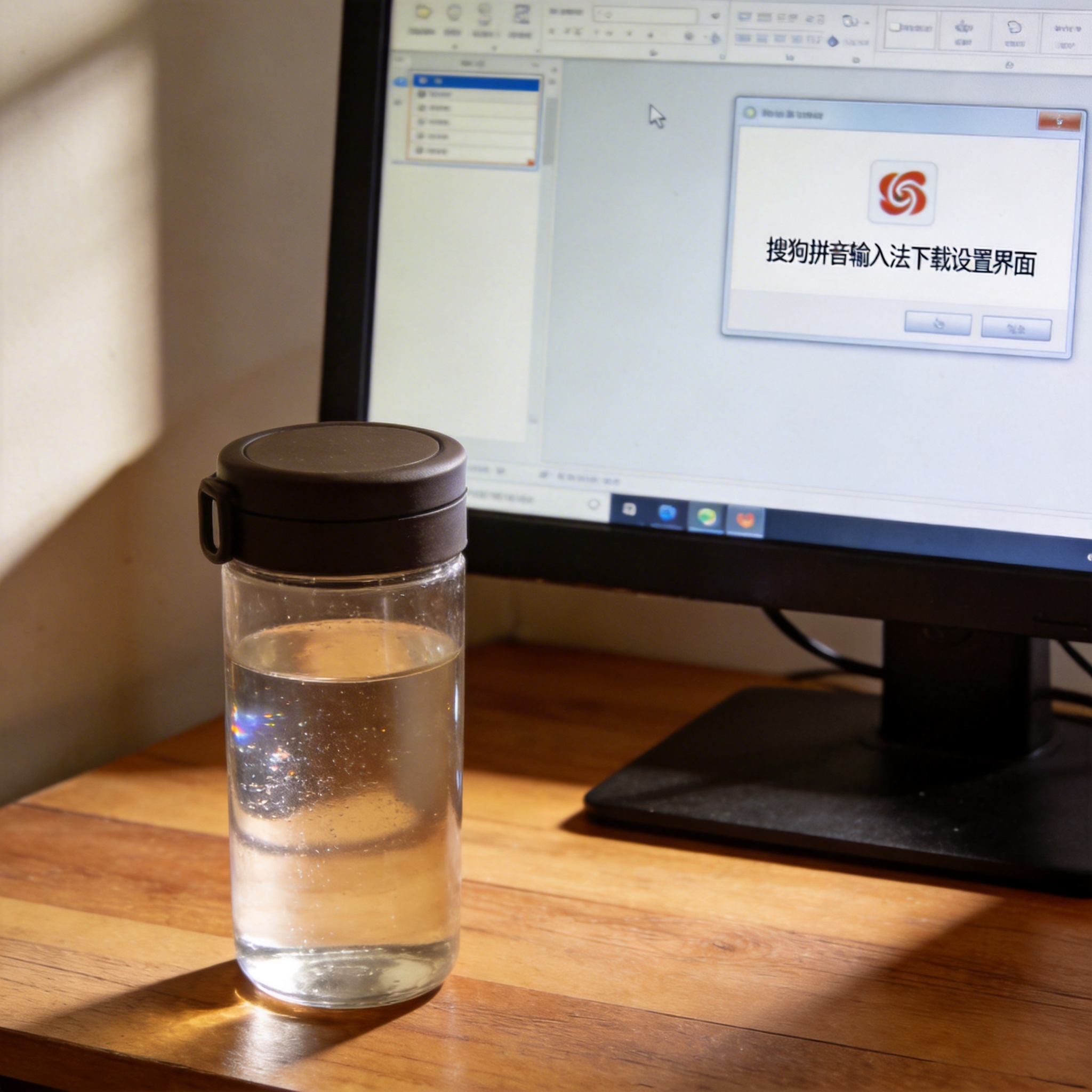书桌上的主机，屏幕显示搜狗拼音输入法下载设置界面，桌角放着水杯，自然光