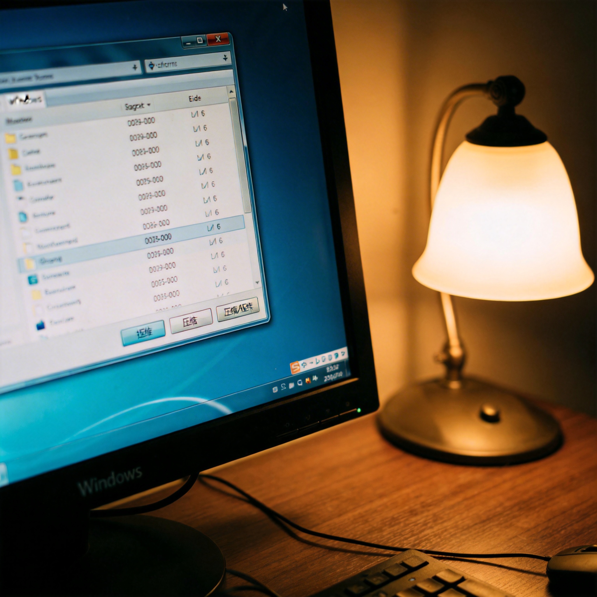 电脑桌上的电脑，屏幕显示电脑 win 压缩解压缩软件界面，旁边放着台灯