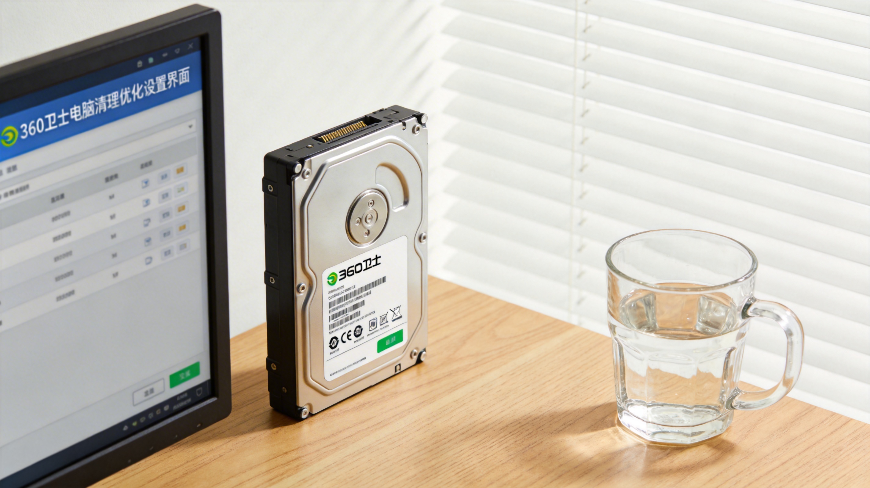 书桌上的硬盘，屏幕显示360 卫士电脑清理优化设置界面，桌角放着水杯，自然光
