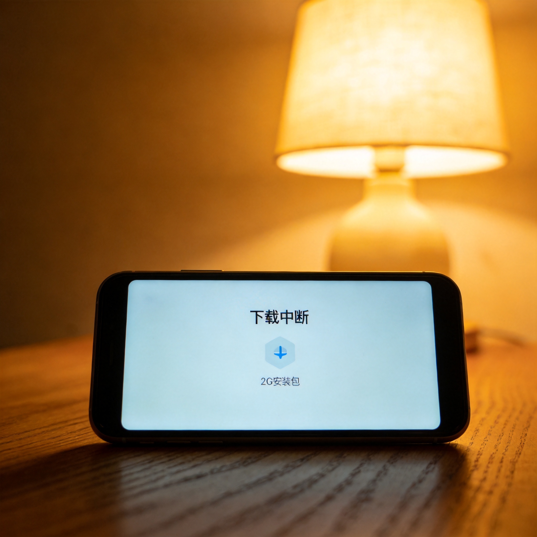 桌面上的手机，屏幕显示手机版360安全浏览器的下载中断提示，下方标注2G安装包，台灯暖光
