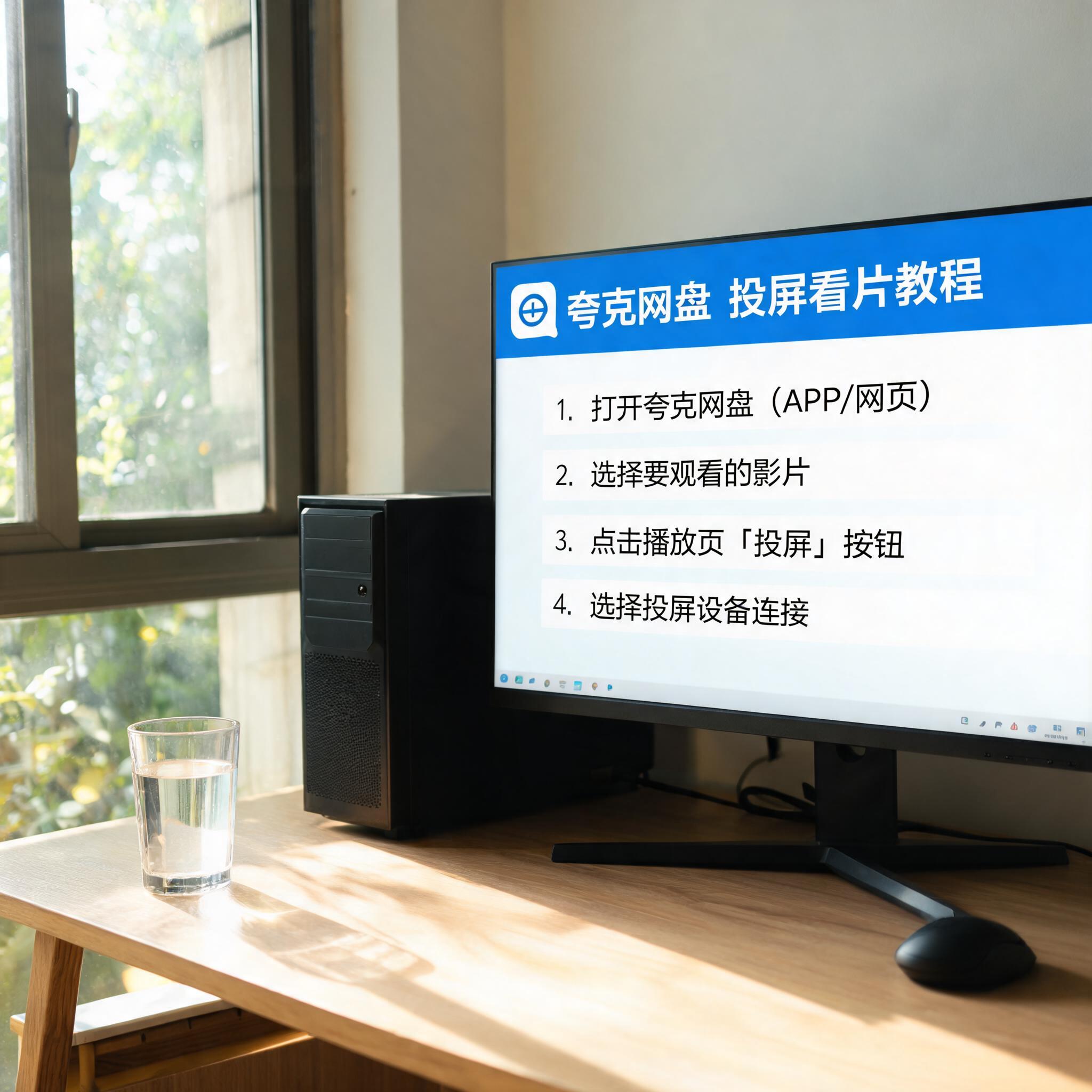 书桌上的主机，屏幕显示夸克网盘投屏看片教程设置界面，桌角放着水杯，自然光