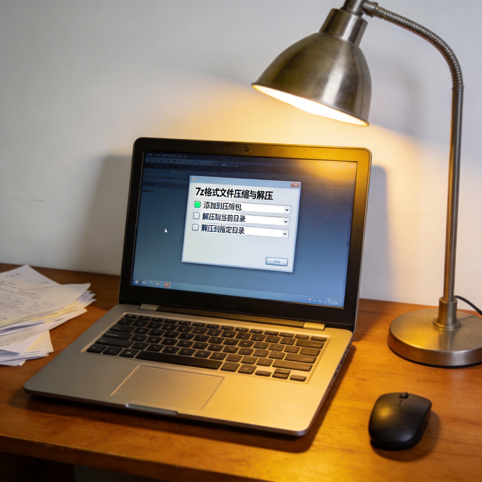 电脑桌上的电脑，屏幕显示7z 格式文件压缩与解压菜单，旁边放着台灯