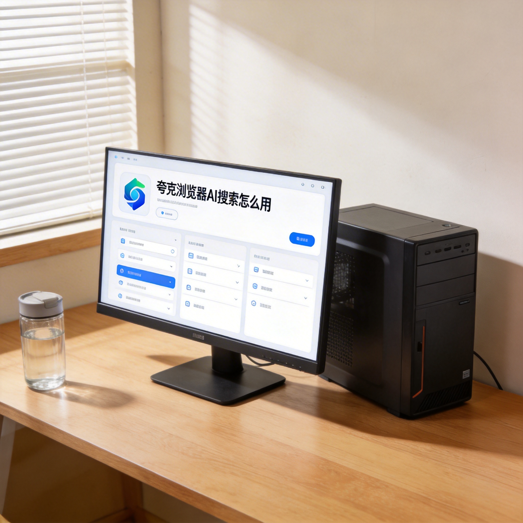 书桌上的主机，屏幕显示夸克浏览器 AI 搜索怎么用设置界面，桌角放着水杯，自然光