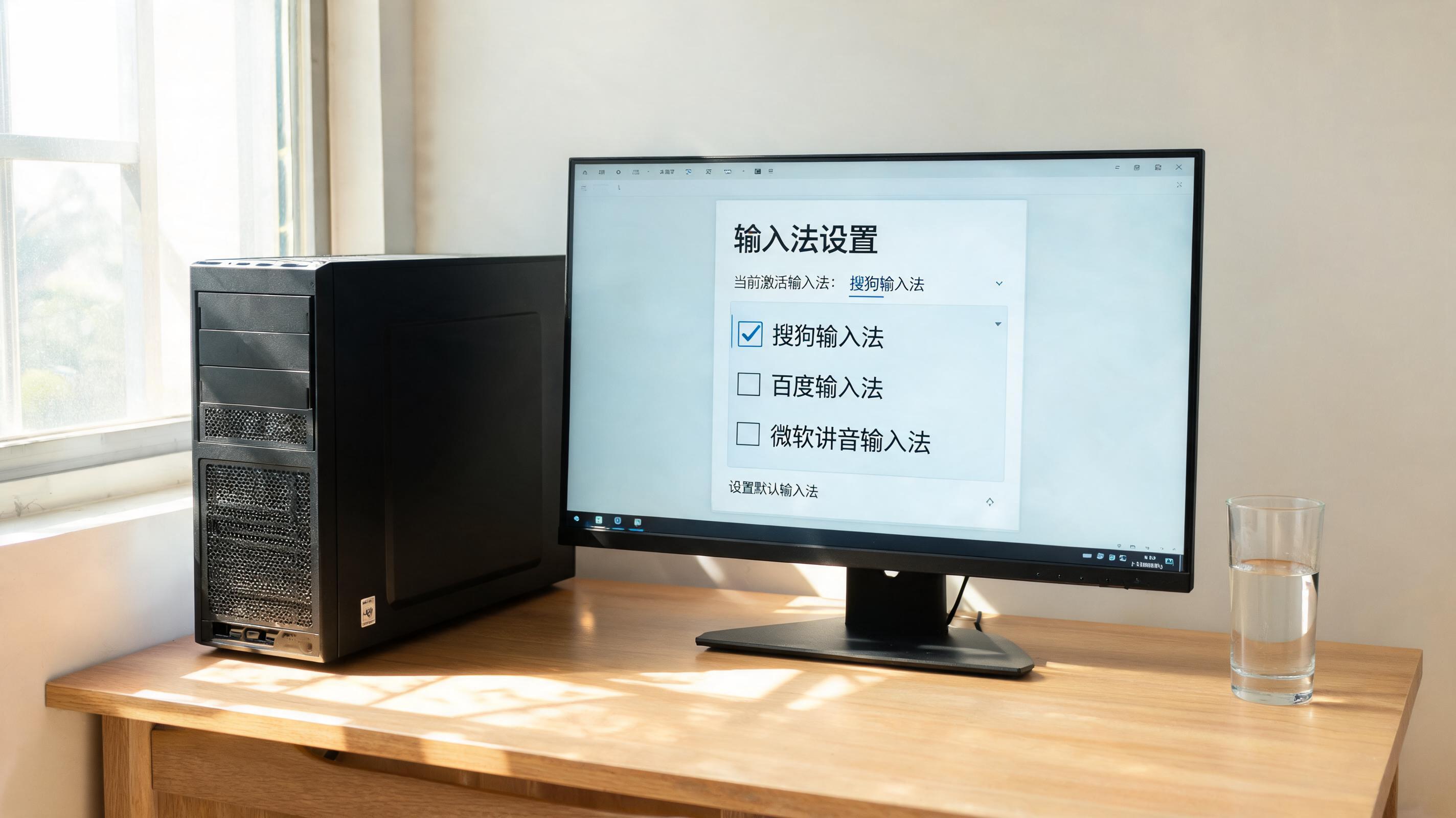 书桌上的主机，屏幕显示输入法设置界面，桌角放着水杯，自然光