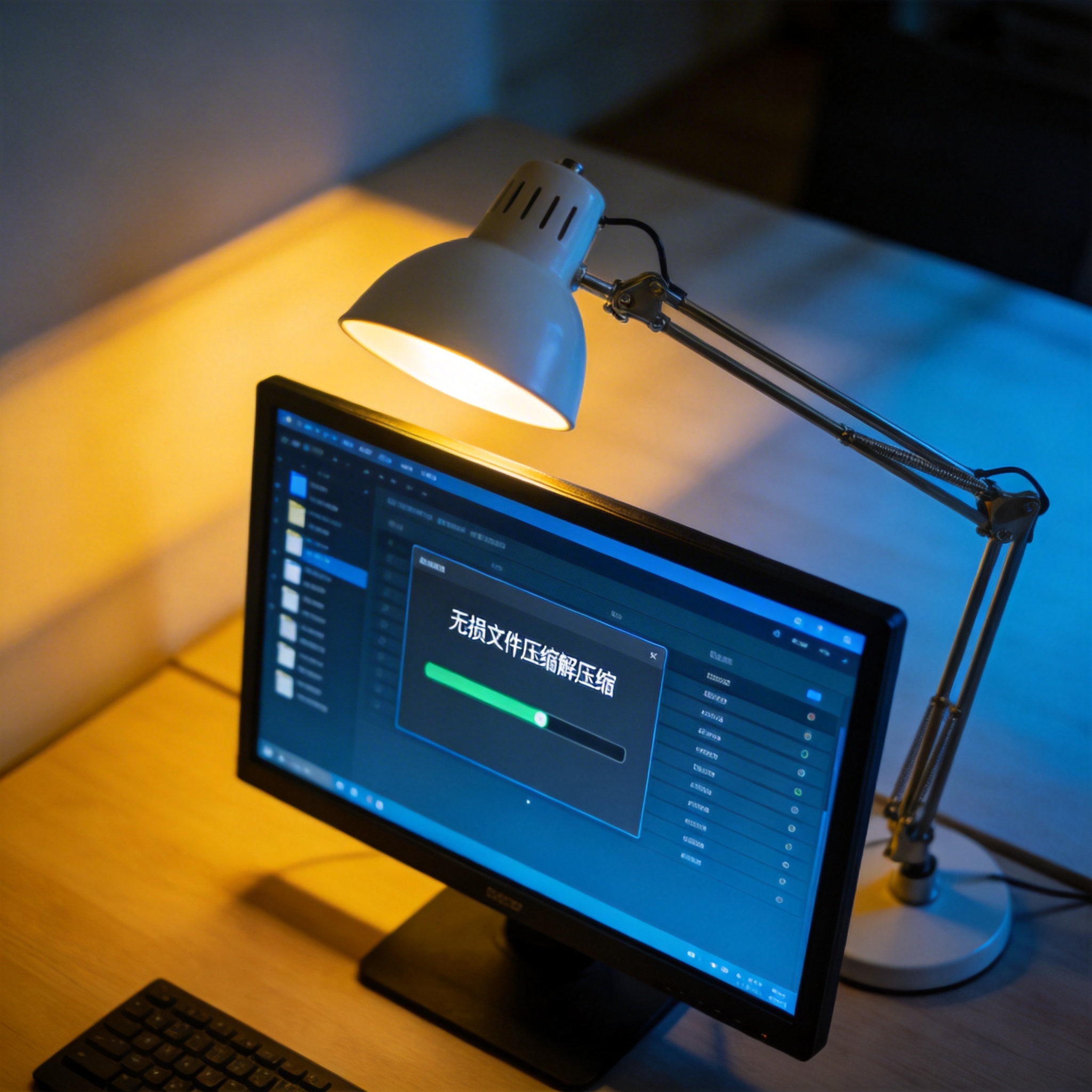 电脑桌上的电脑，屏幕显示无损文件压缩解压缩界面，旁边放着台灯