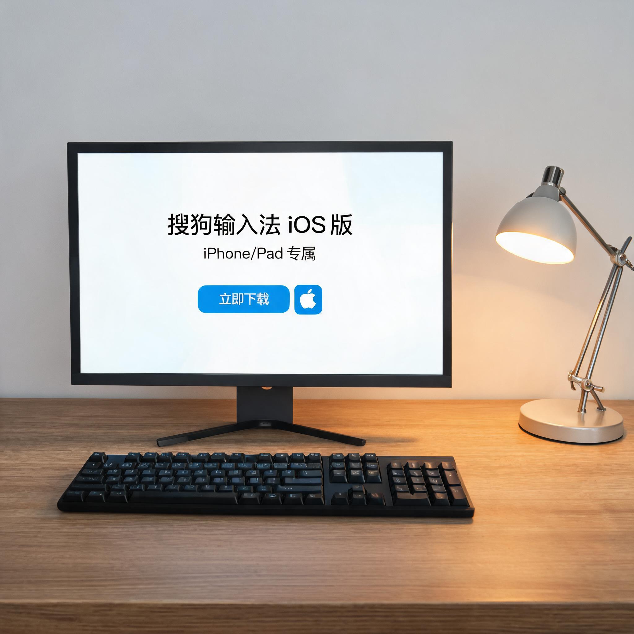 电脑桌上的键盘，屏幕显示搜狗输入法 iOS 版下载界面，旁边放着台灯
