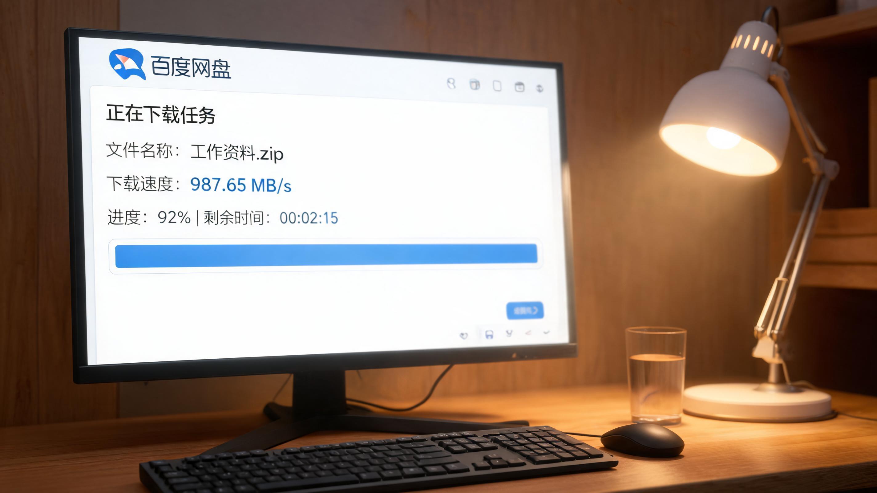 电脑桌上的电脑，屏幕显示百度网盘高速下载真实速度界面，旁边放着台灯