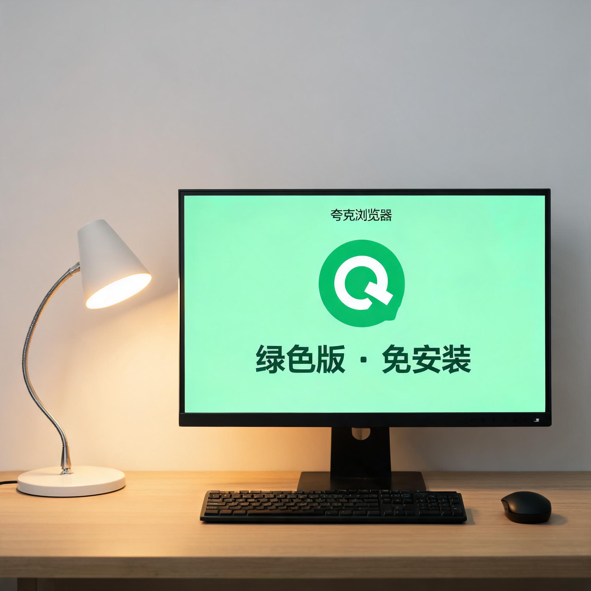 电脑桌上的电脑，屏幕显示夸克浏览器绿色版免安装桌面，旁边放着台灯