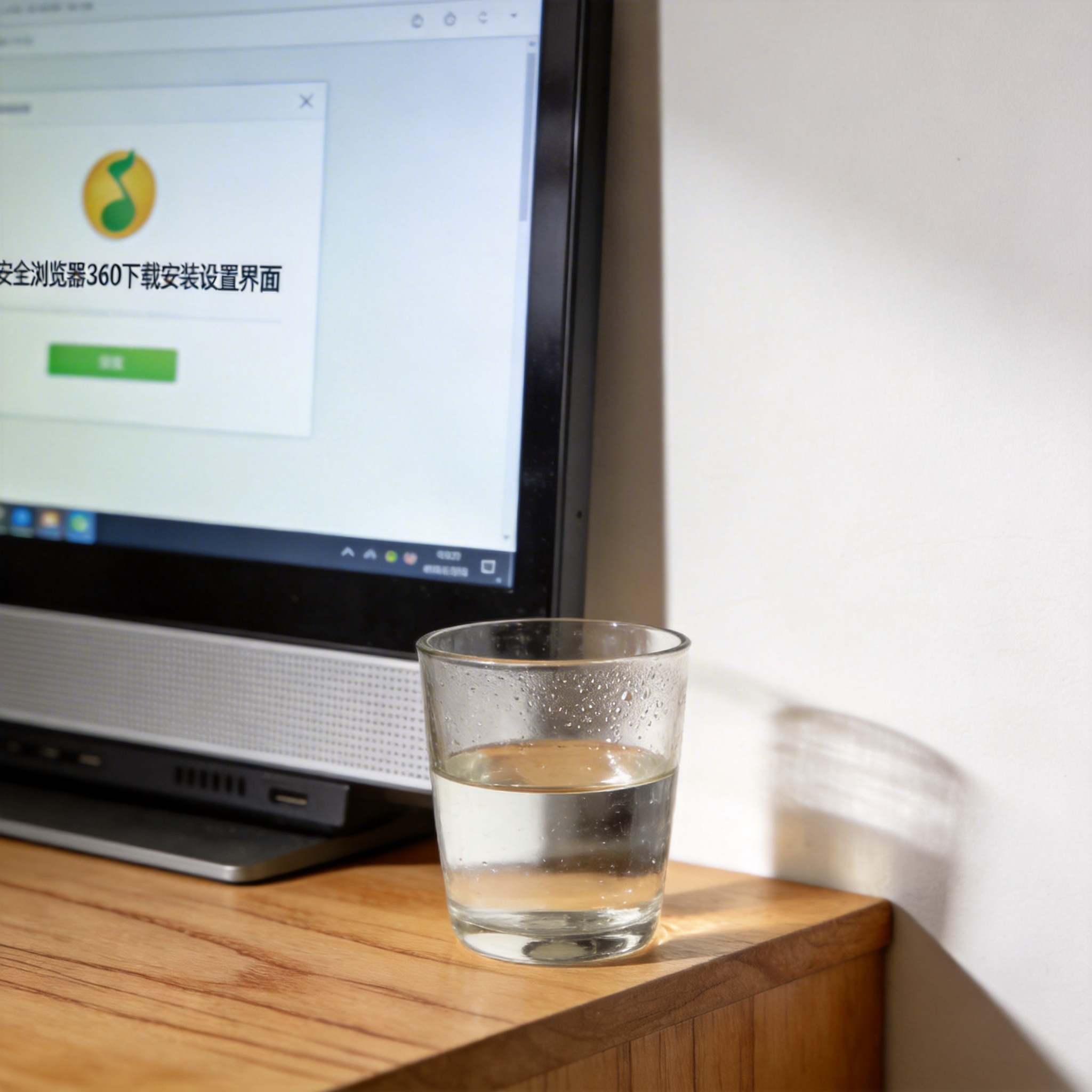 书桌上的主机，屏幕显示安全浏览器 360 下载安装设置界面，桌角放着水杯，自然光