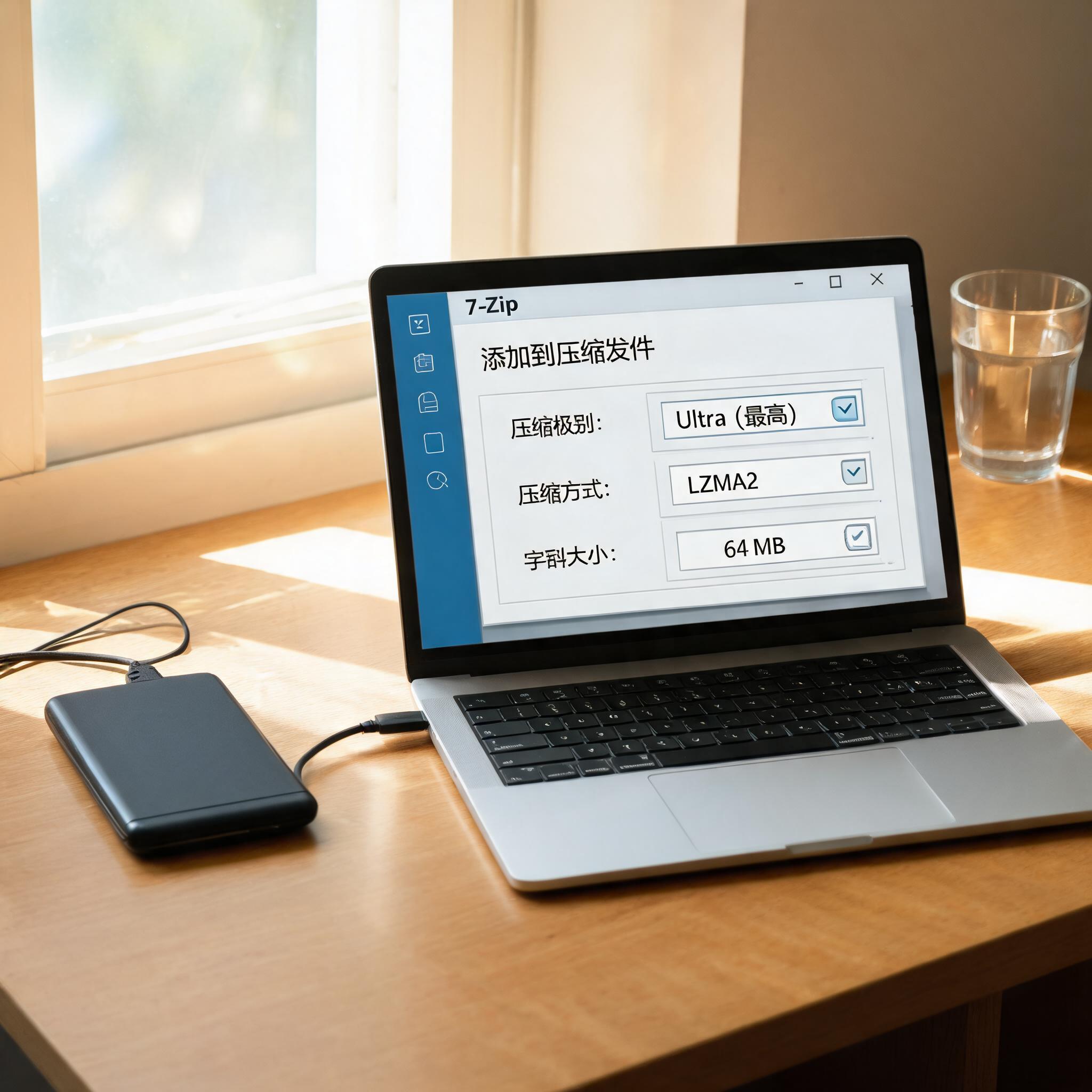 书桌上的硬盘，屏幕显示7z 高压缩比文件压缩设置界面，桌角放着水杯，自然光