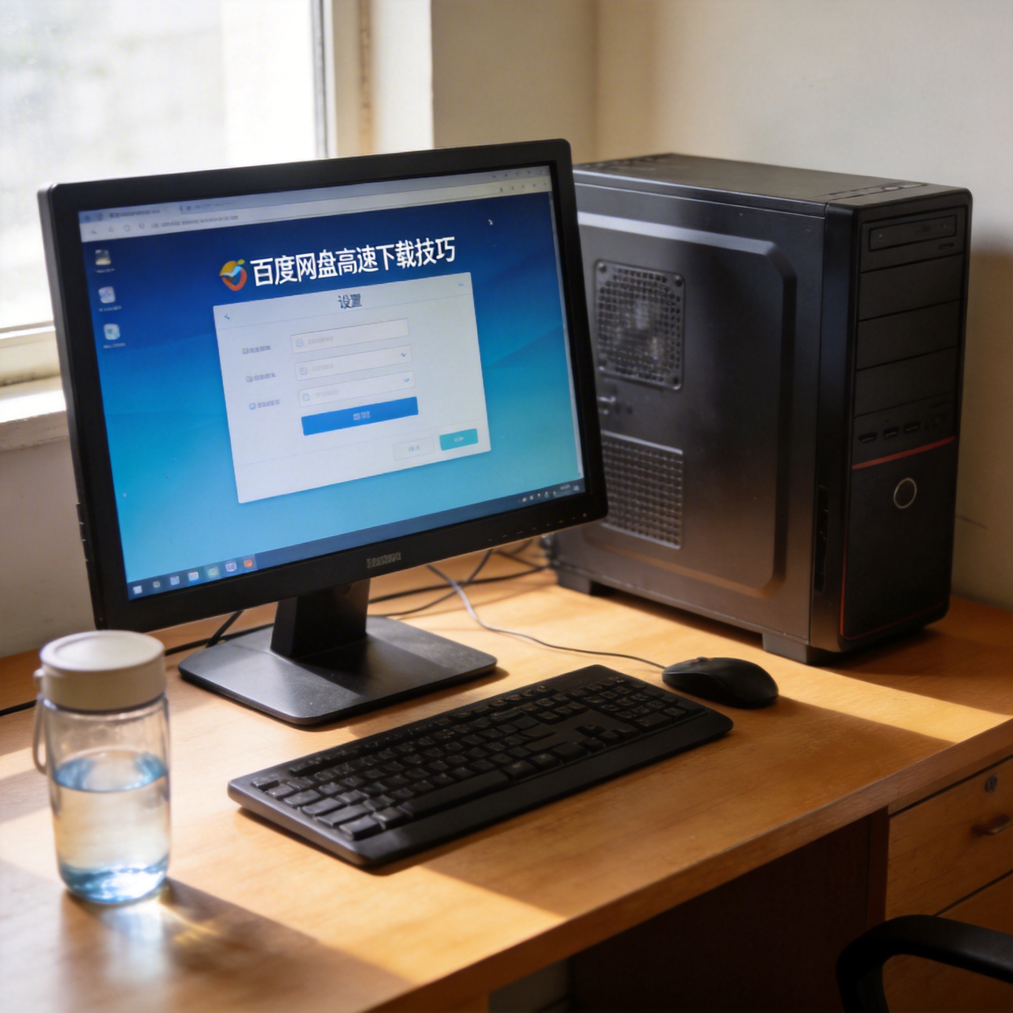 书桌上的主机，屏幕显示百度网盘高速下载技巧设置界面，桌角放着水杯，自然光