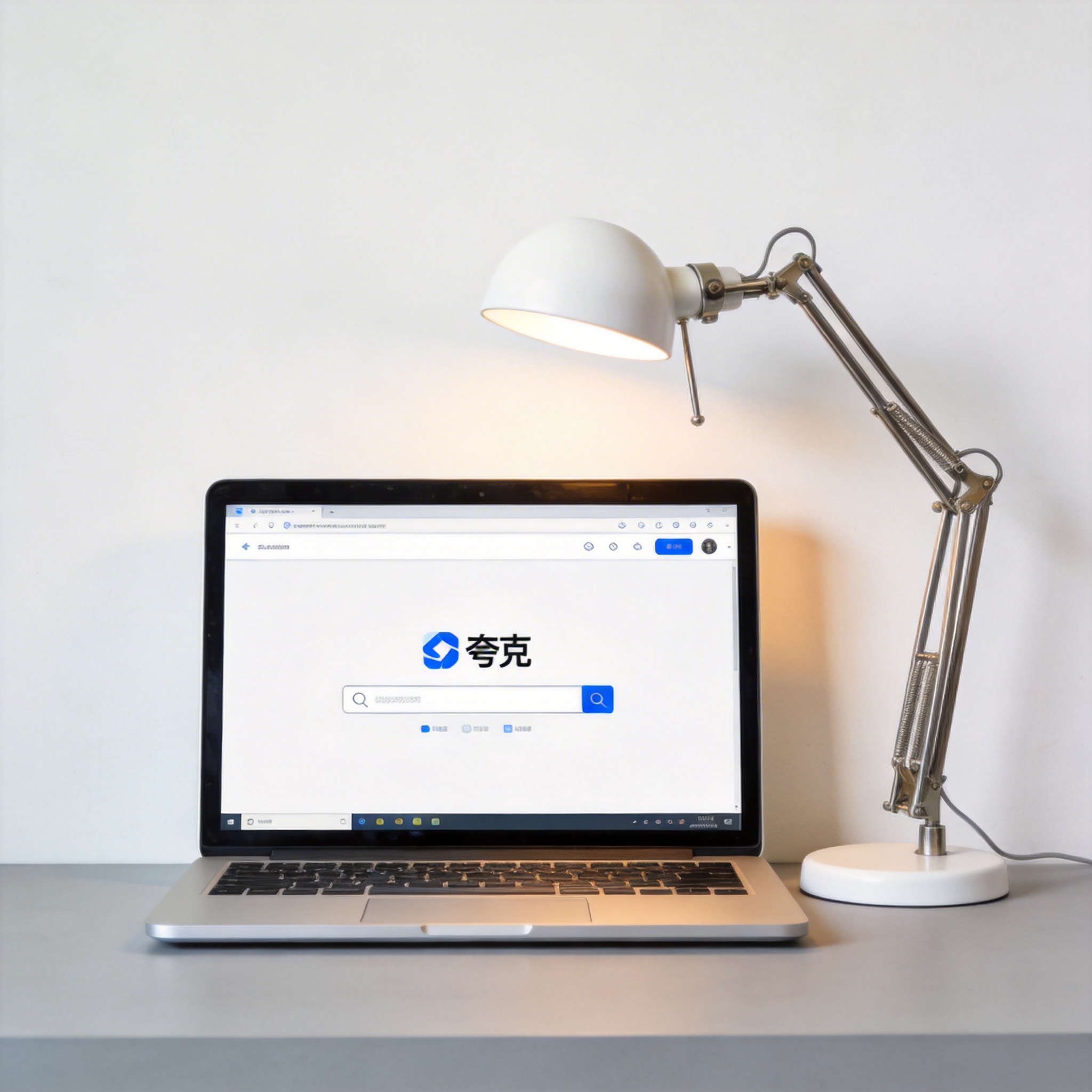 电脑桌上的电脑，屏幕显示夸克界面，旁边放着台灯
