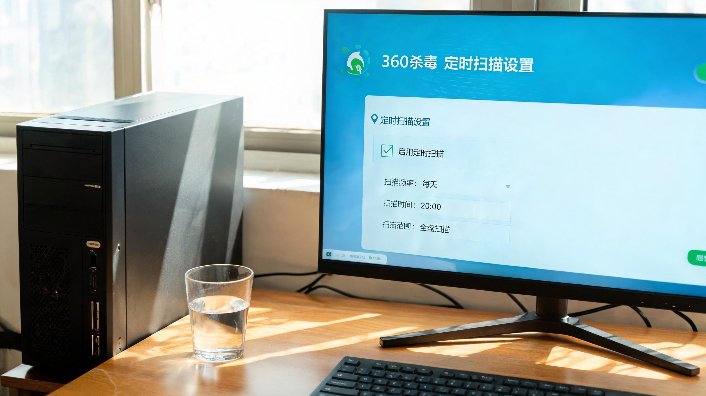 书桌上的主机，屏幕显示360 杀毒软件定时扫描设置设置界面，桌角放着水杯，自然光