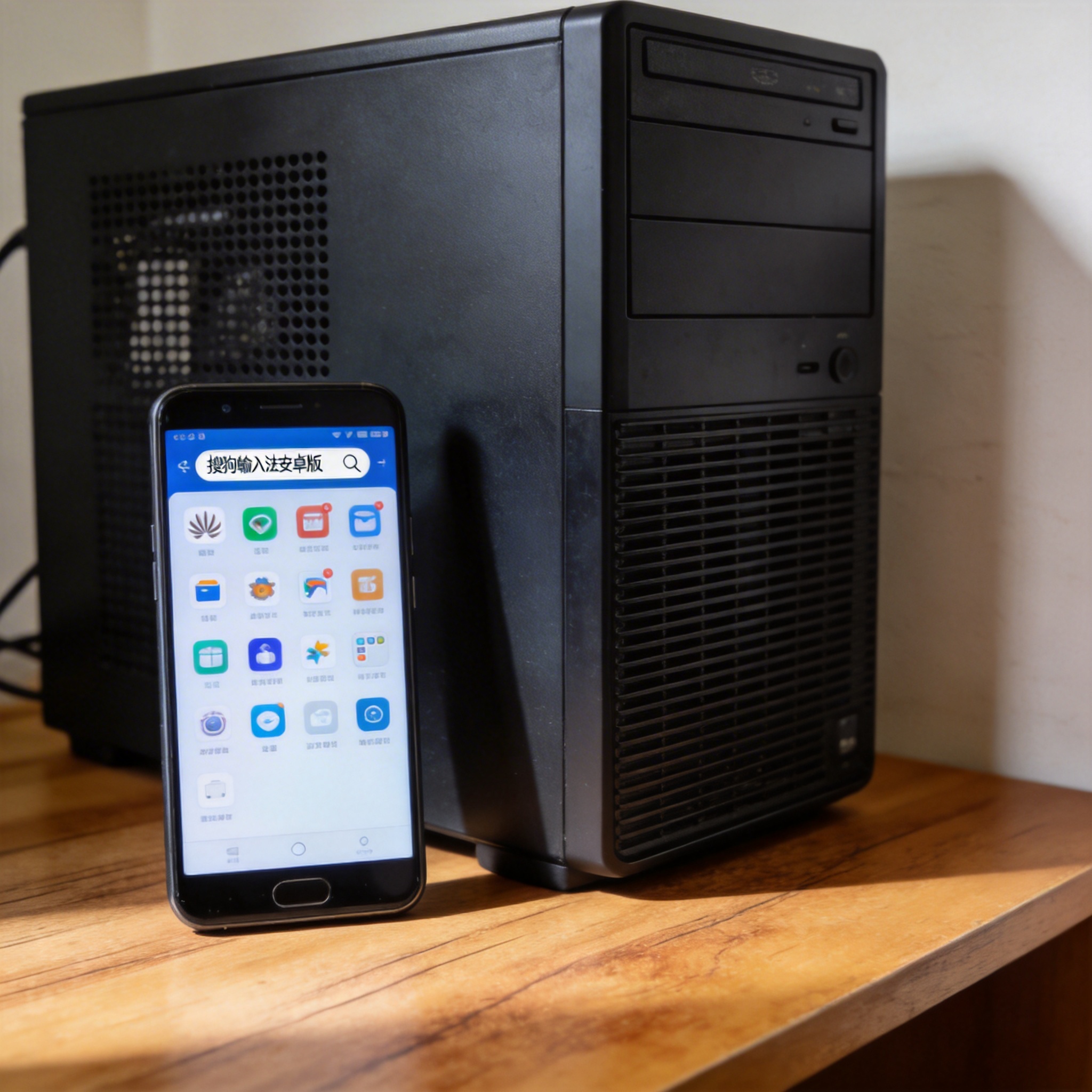 电脑桌前的安卓手机，屏幕显示华为应用市场界面，搜索栏里有“搜狗输入法安卓版”字样，旁边放着台式电脑主机，室内自然光