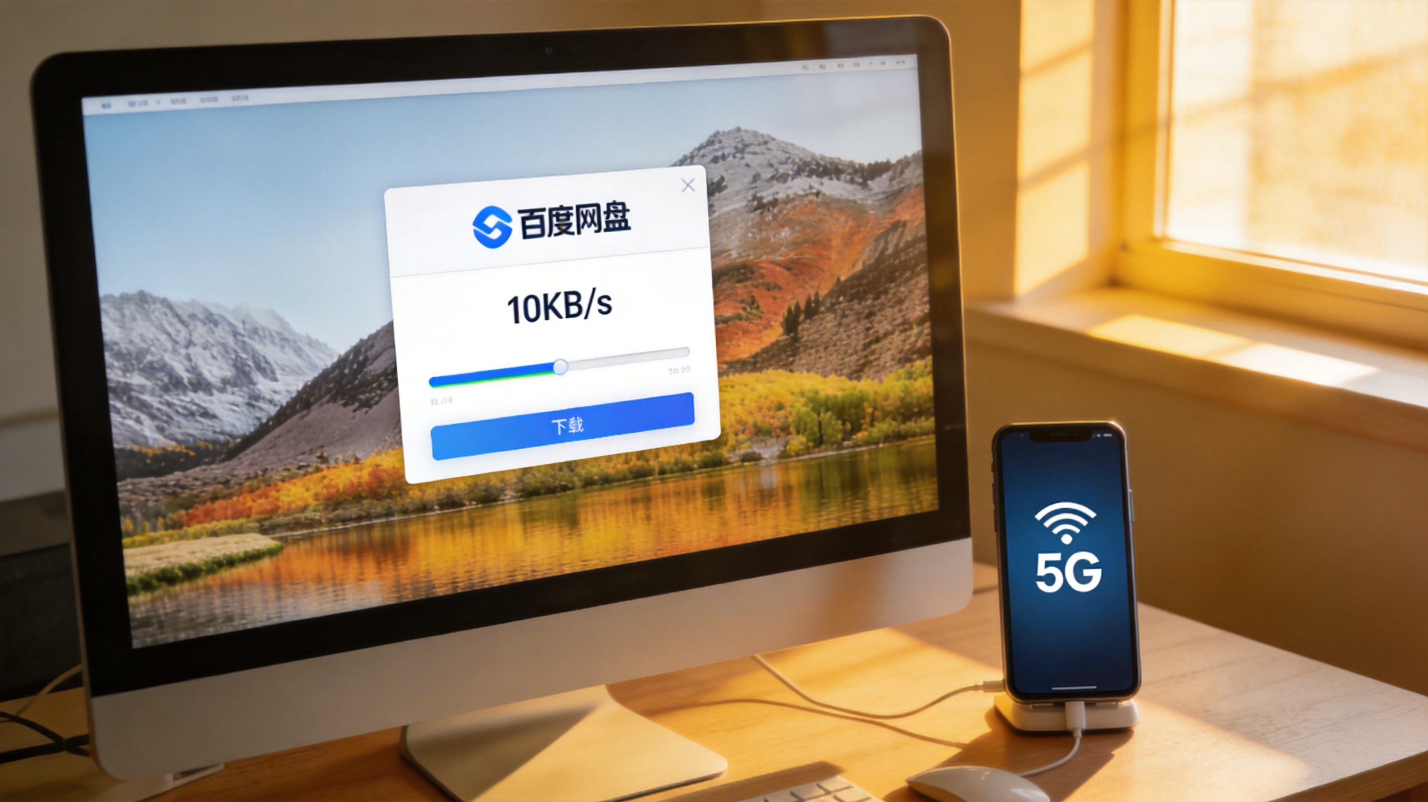 电脑桌面，屏幕显示手机端百度网盘下载界面，进度条缓慢推进，标注10KB/s速度，旁边放着连5G网络的手机，室内自然光