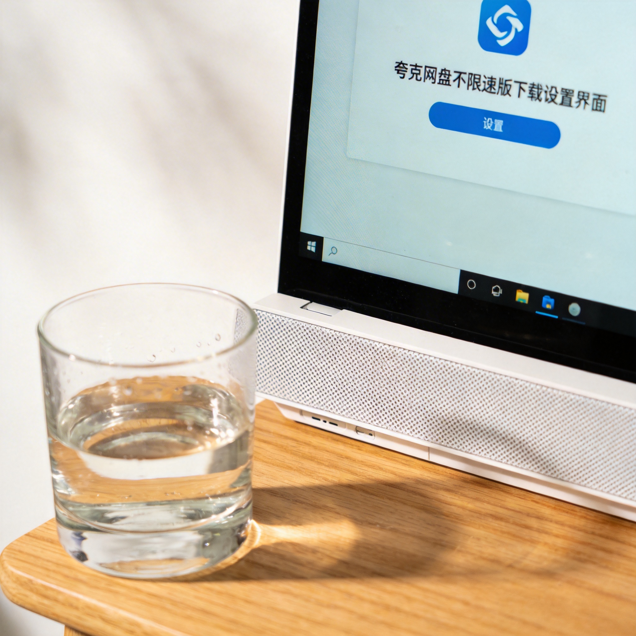 书桌上的主机，屏幕显示夸克网盘不限速版下载设置界面，桌角放着水杯，自然光