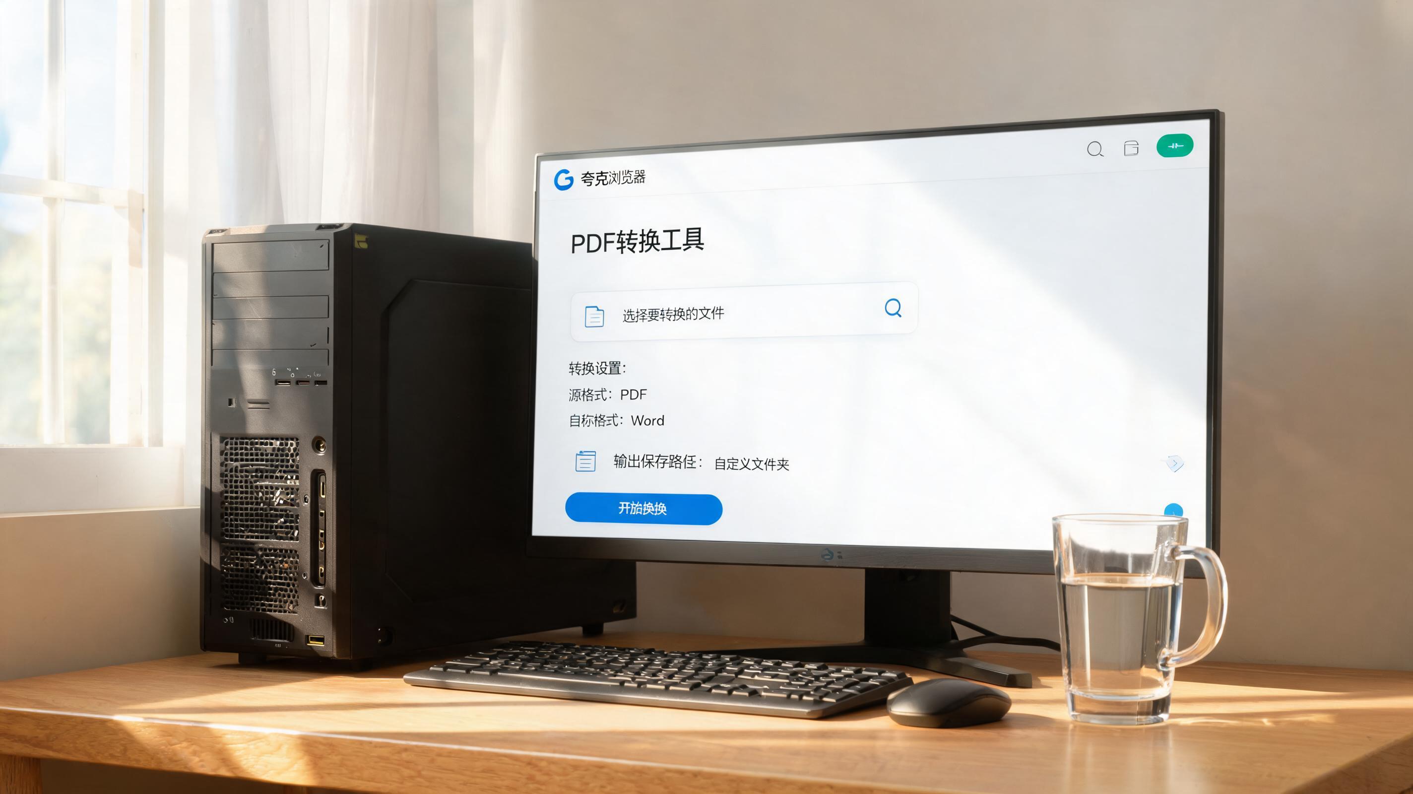 书桌上的主机，屏幕显示夸克浏览器 PDF 转换工具设置界面，桌角放着水杯，自然光